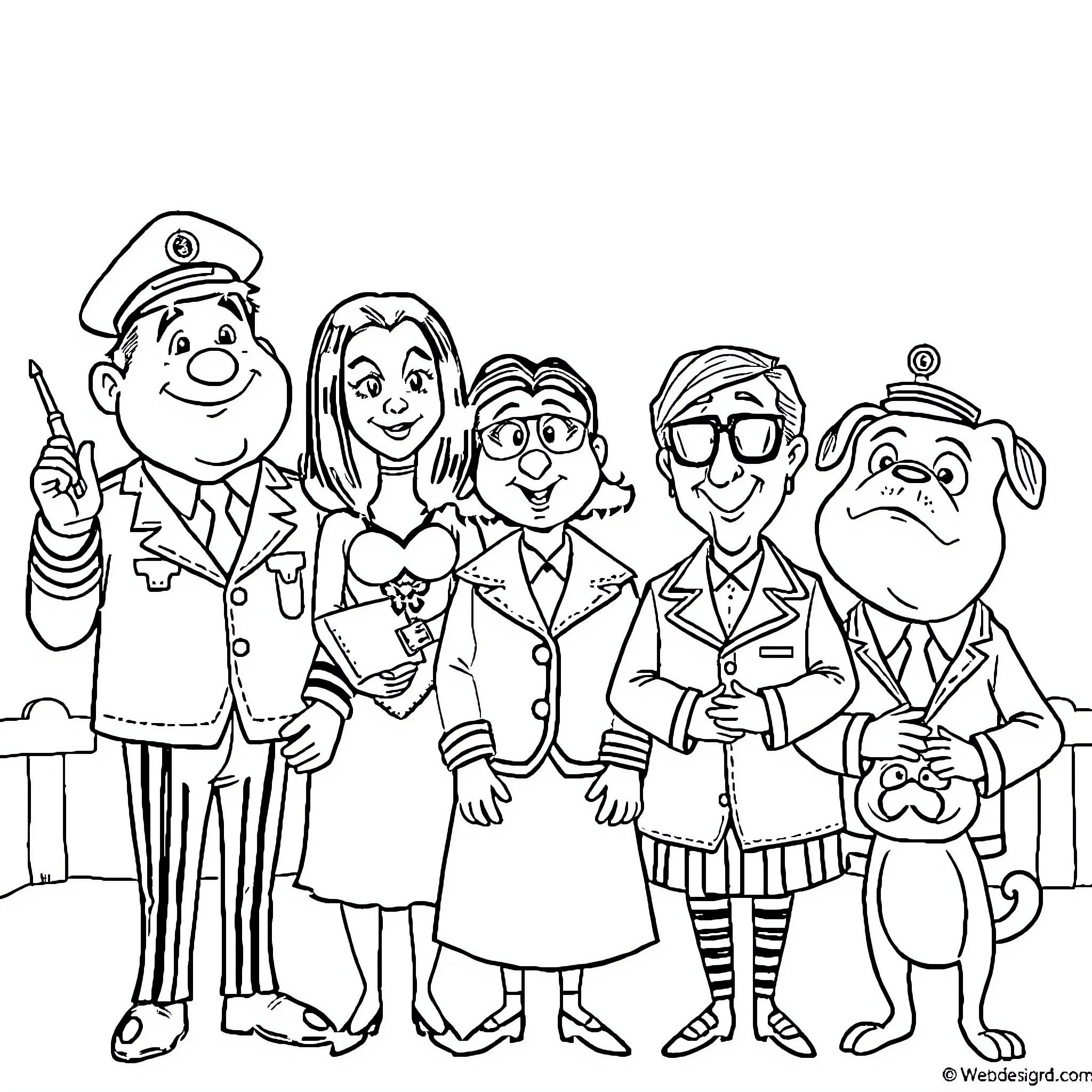 Addams Family's Eccentric Gathering Coloring Page (free black-and-white line drawing printable PDF for all, from beginners to advanced learners, including children, teens, adults, and seniors)