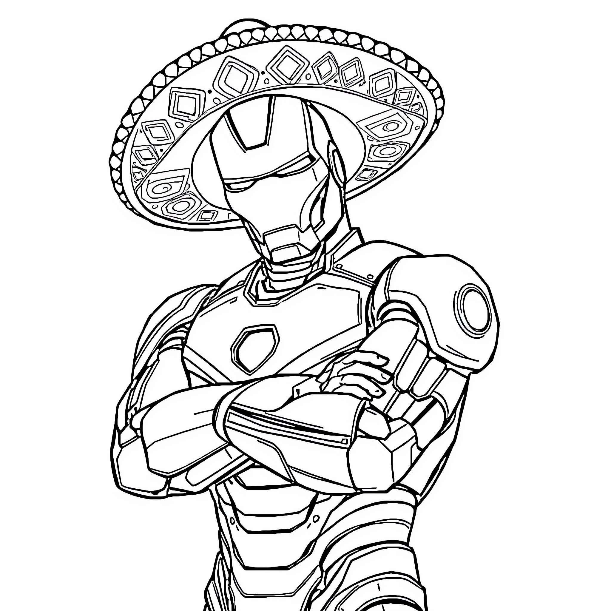 Iron Man in a Sombrero Coloring Page (free black-and-white line drawing printable PDF for all, from beginners to advanced learners, including children, teens, adults, and seniors)