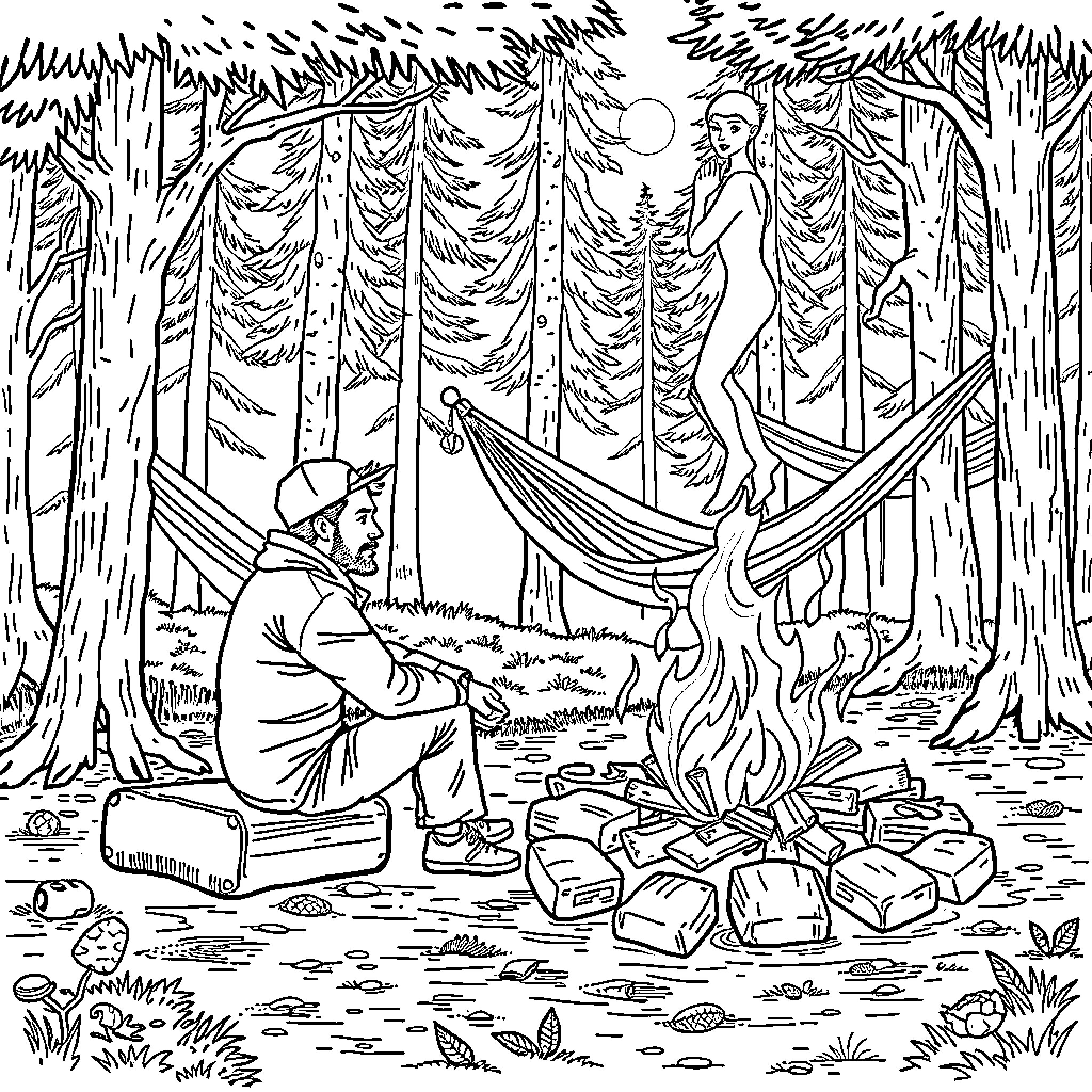Man enjoying camping in the serene forest Coloring Page (free black-and-white line drawing printable PDF for all, from beginners to advanced learners, including children, teens, adults, and seniors)