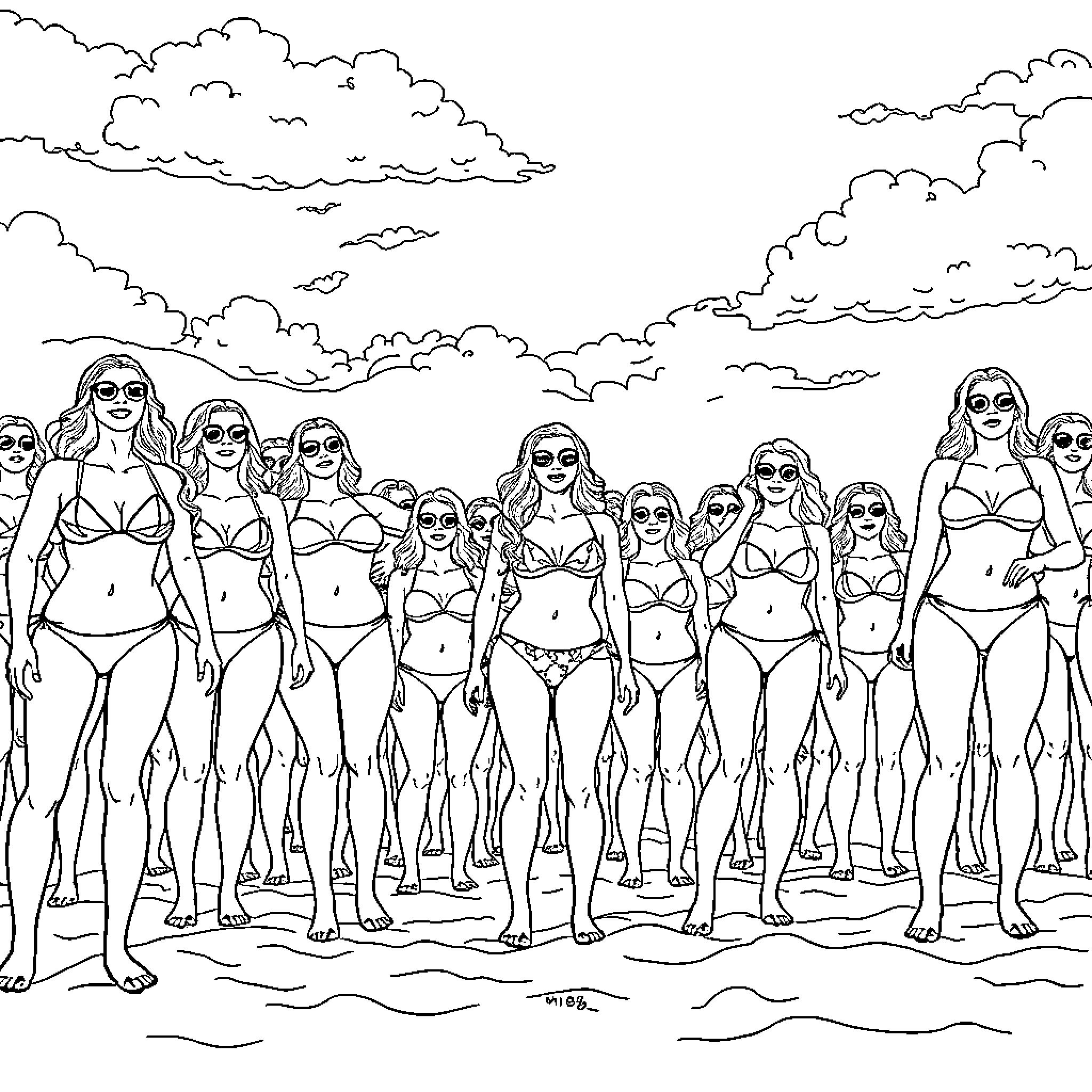 Bikini Babes Strutting on the Beach Coloring Page (free black-and-white line drawing printable PDF for all, from beginners to advanced learners, including children, teens, adults, and seniors)