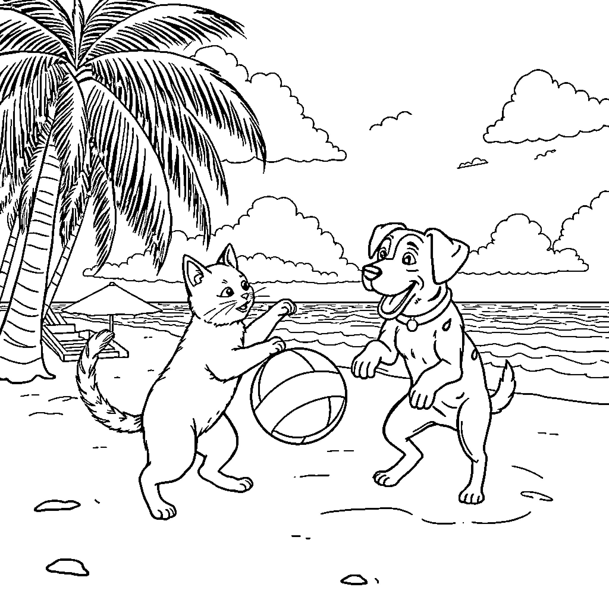 Cat and Dog Playing on the Beach Coloring Page (free black-and-white line drawing printable PDF for all, from beginners to advanced learners, including children, teens, adults, and seniors)