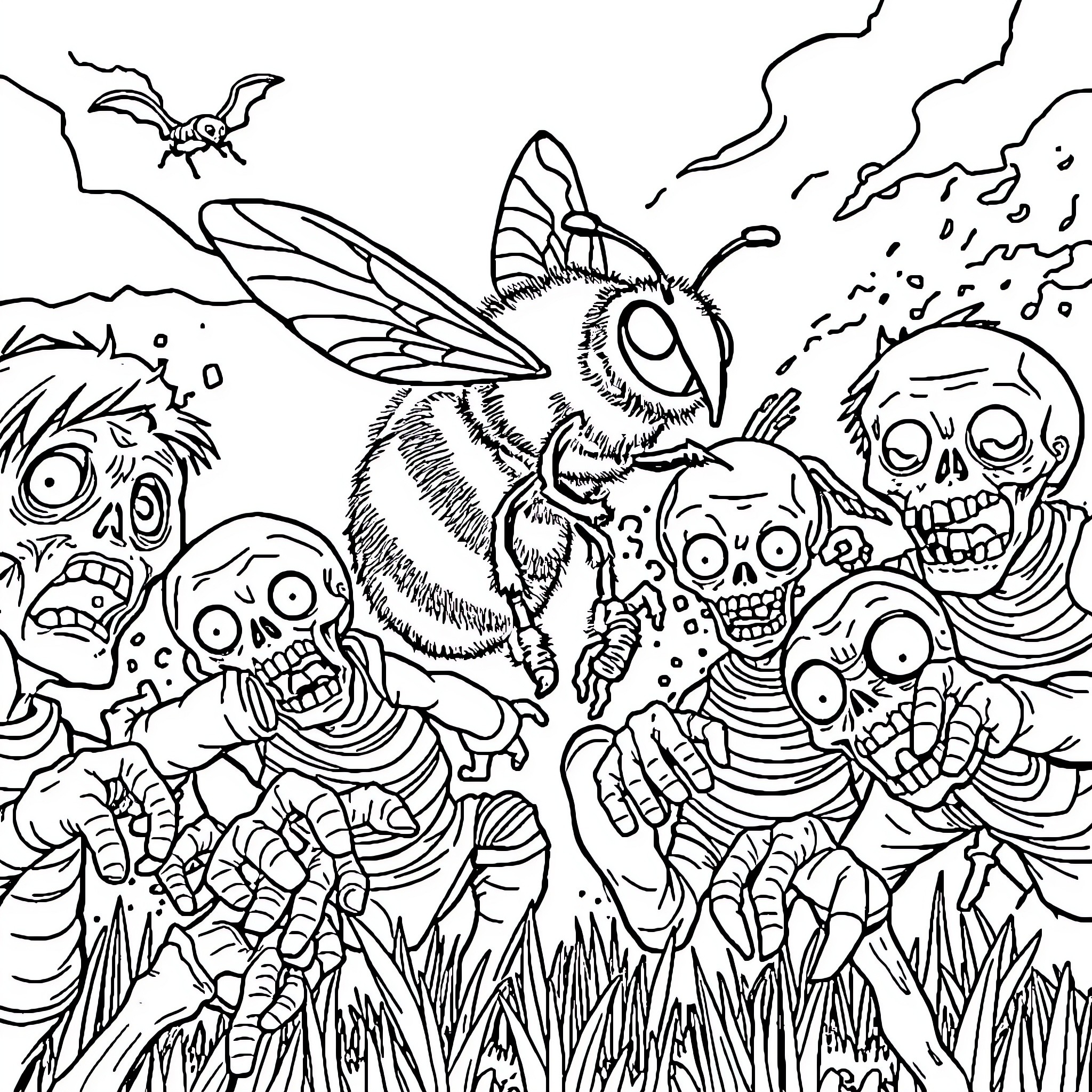 Bumble Bee confronting strange creatures in the wilderness Coloring Page (free black-and-white line drawing printable PDF for all, from beginners to advanced learners, including children, teens, adults, and seniors)