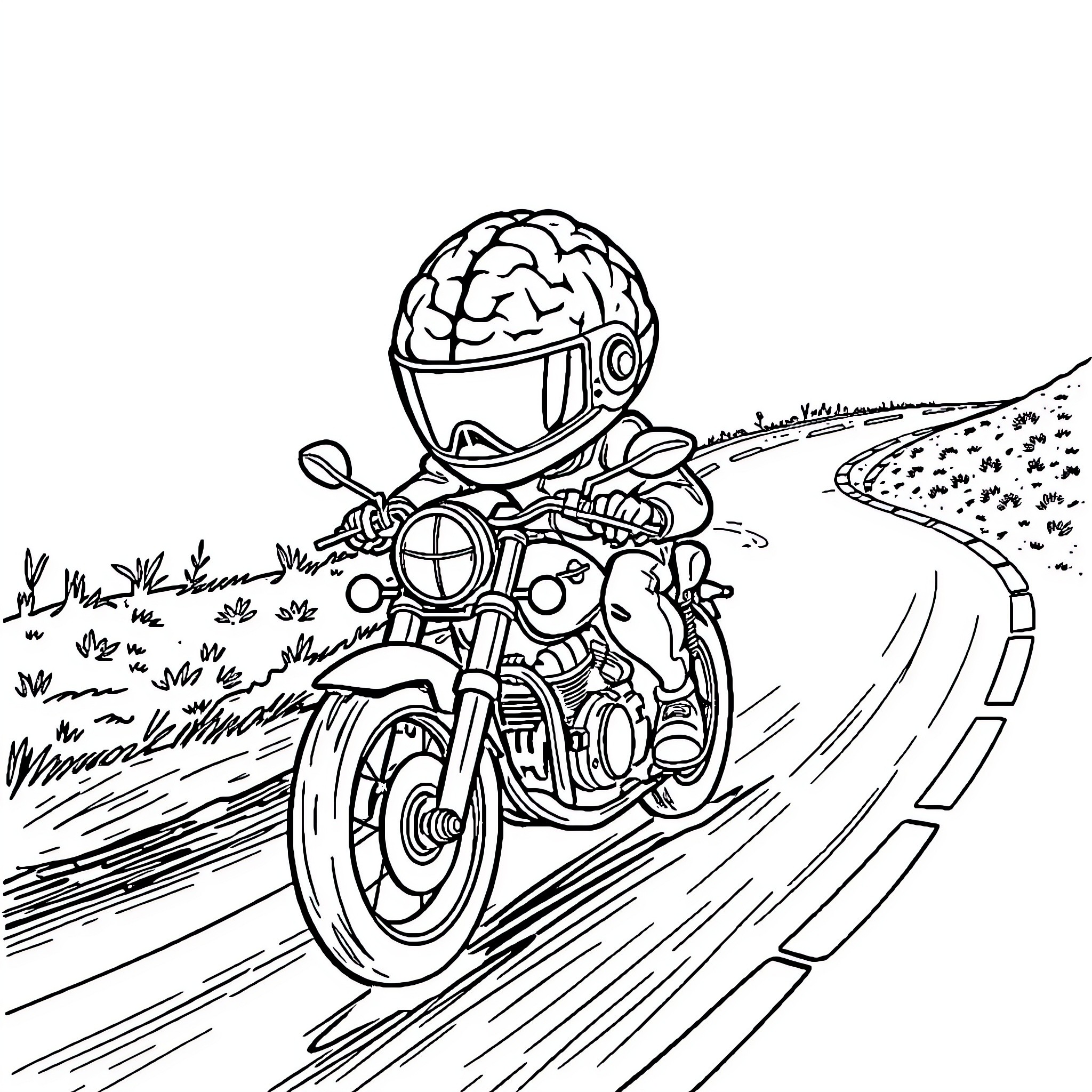 Brain controls motorcycle on winding road Coloring Page (free black-and-white line drawing printable PDF for all, from beginners to advanced learners, including children, teens, adults, and seniors)