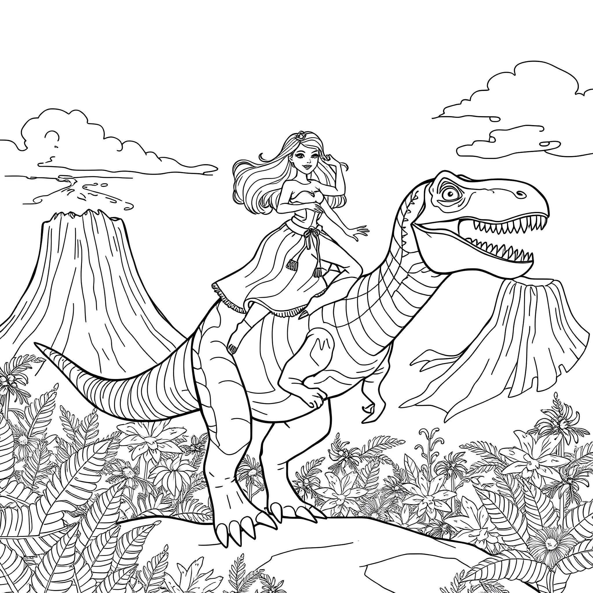 Barbie riding a dinosaur in a prehistoric landscape Coloring Page (free black-and-white line drawing printable PDF for all, from beginners to advanced learners, including children, teens, adults, and seniors)