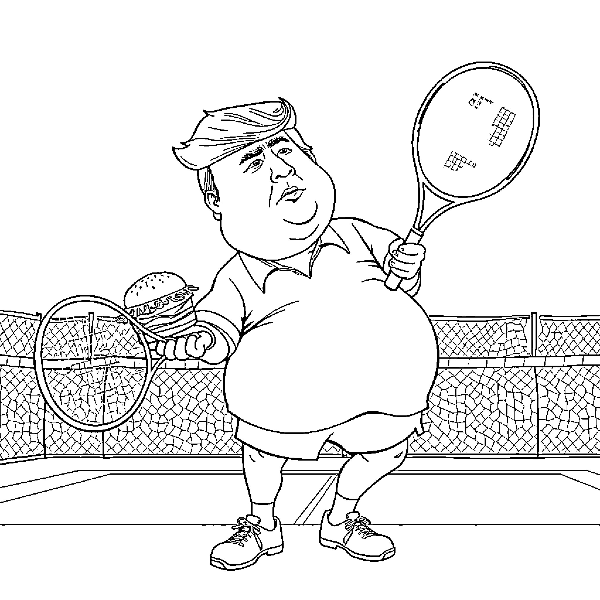 Donald Trump Playing Tennis on the Court Coloring Page (free black-and-white line drawing printable PDF for all, from beginners to advanced learners, including children, teens, adults, and seniors)
