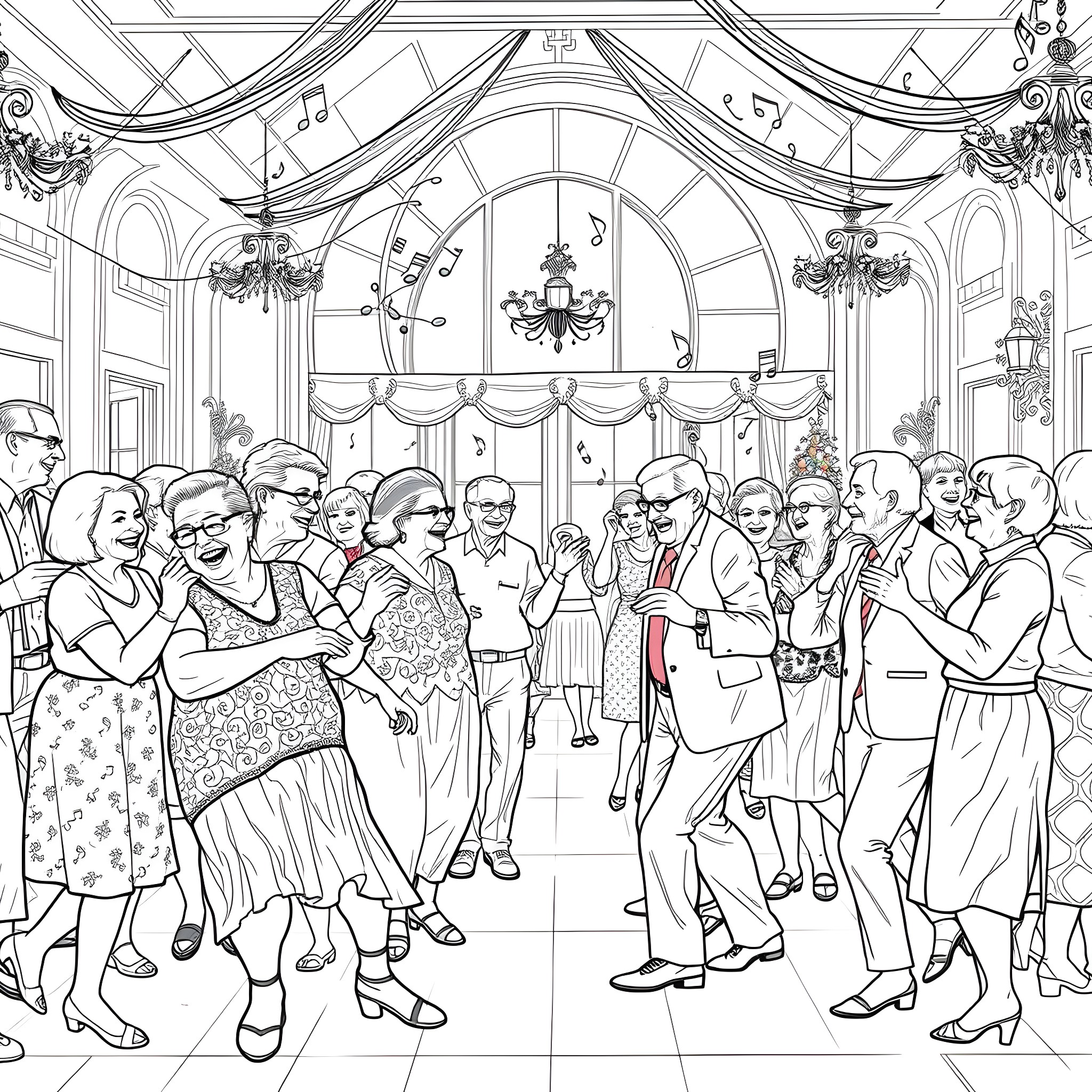 Senior Citizens Enjoying a Lively Dance Party Coloring Page (free black-and-white line drawing printable PDF for all, from beginners to advanced learners, including children, teens, adults, and seniors)