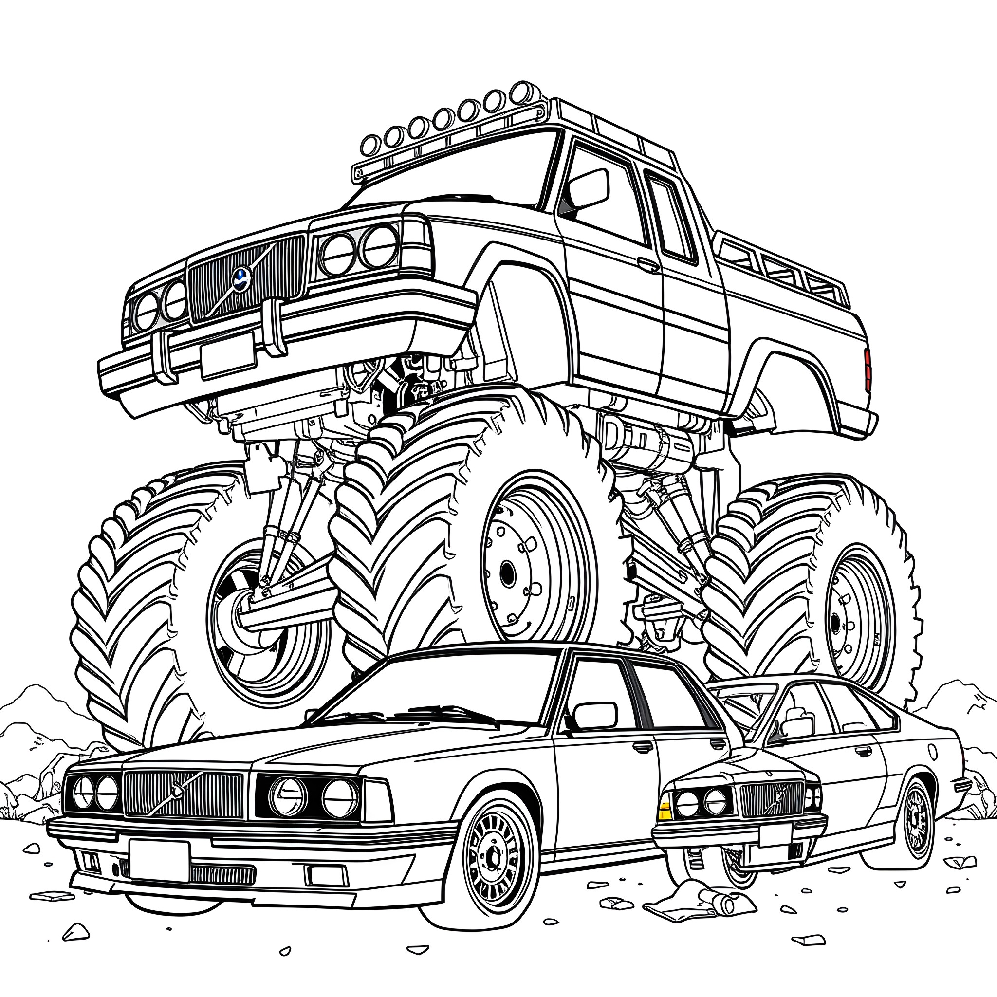 Monster Truck Crushing Ordinary Vehicle in the Wild Coloring Page (free black-and-white line drawing printable PDF for all, from beginners to advanced learners, including children, teens, adults, and seniors)