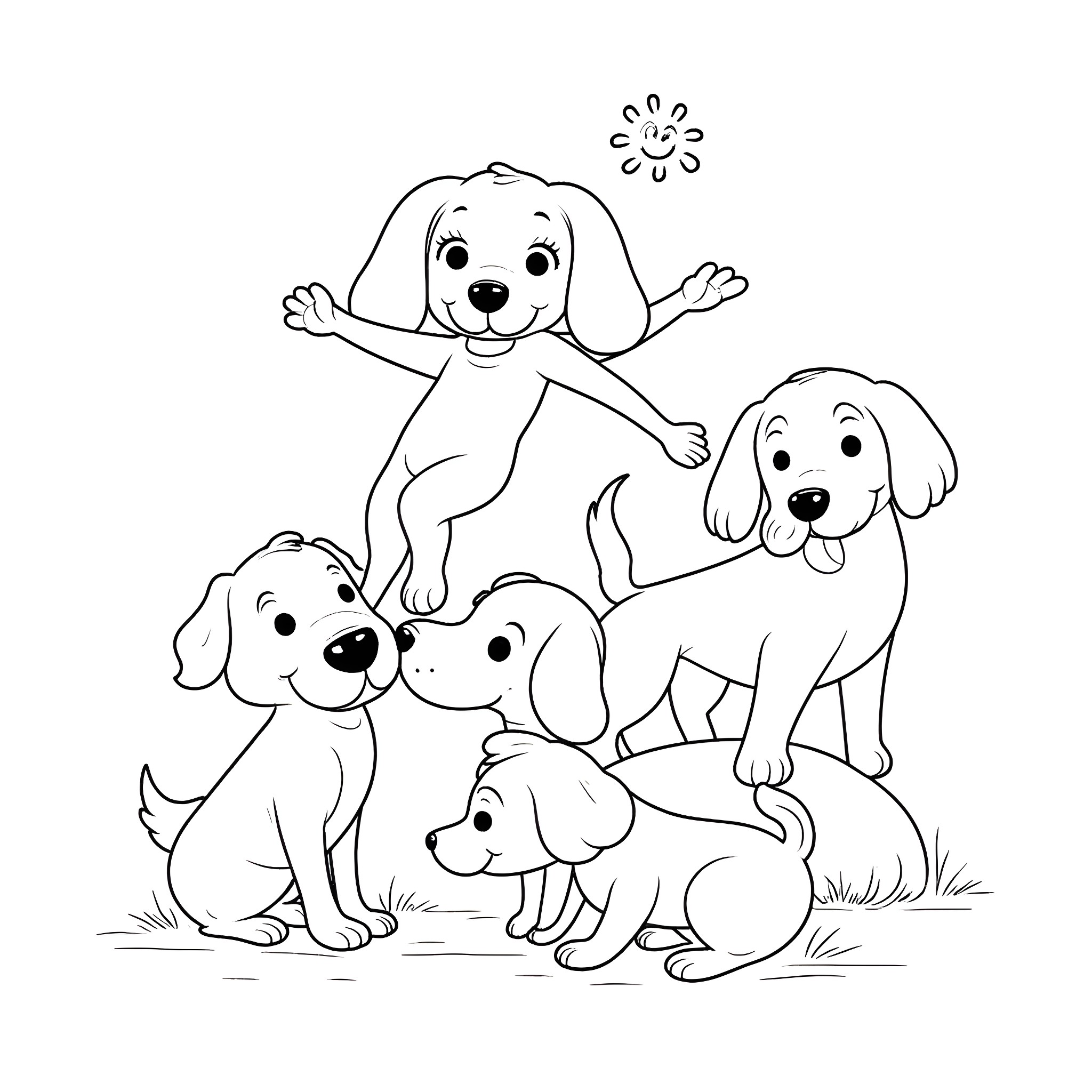 Kunda's Playful Pups Coloring Page (free black-and-white line drawing printable PDF for all, from beginners to advanced learners, including children, teens, adults, and seniors)