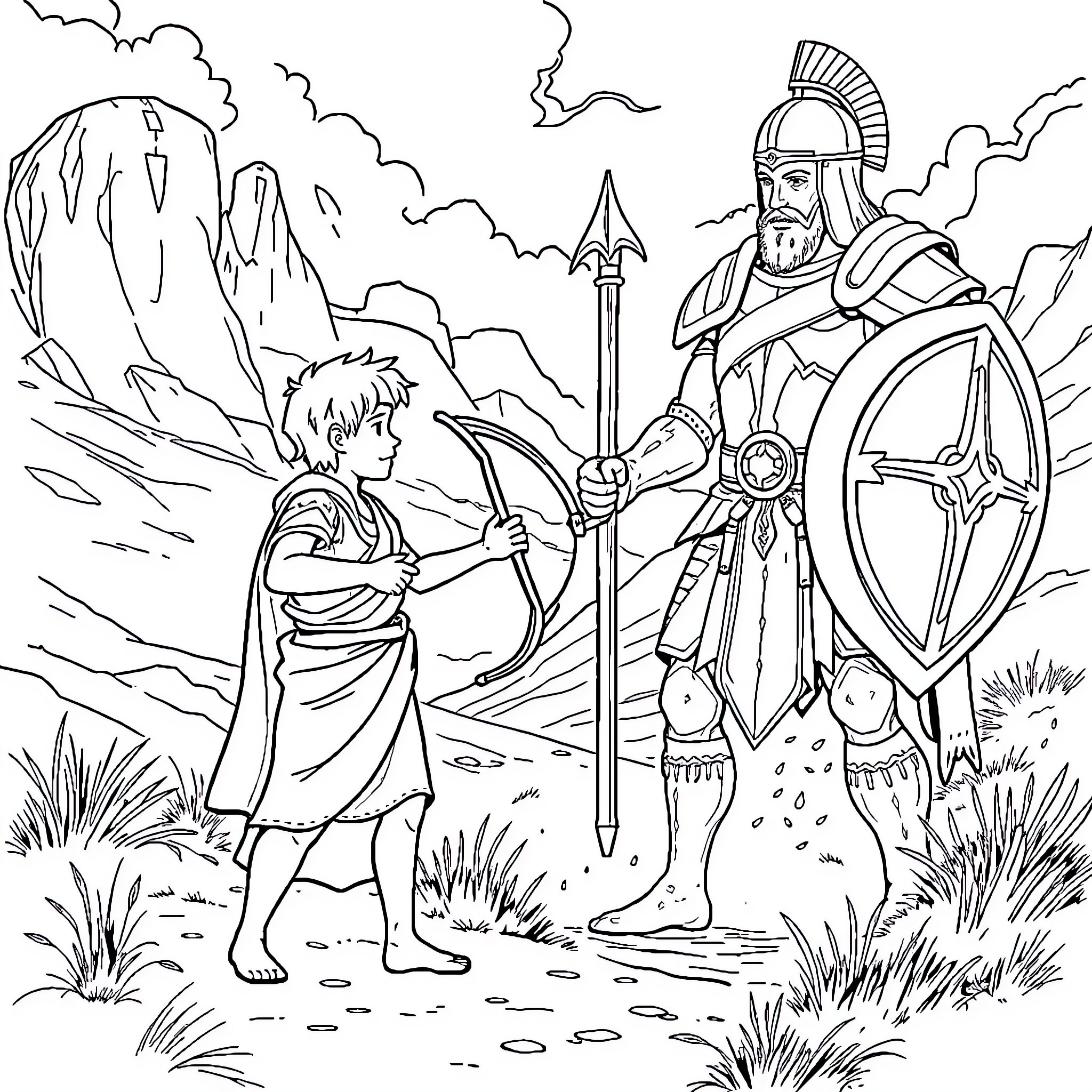 David and Goliath facing off in a dramatic battle scene Coloring Page (free black-and-white line drawing printable PDF for all, from beginners to advanced learners, including children, teens, adults, and seniors)