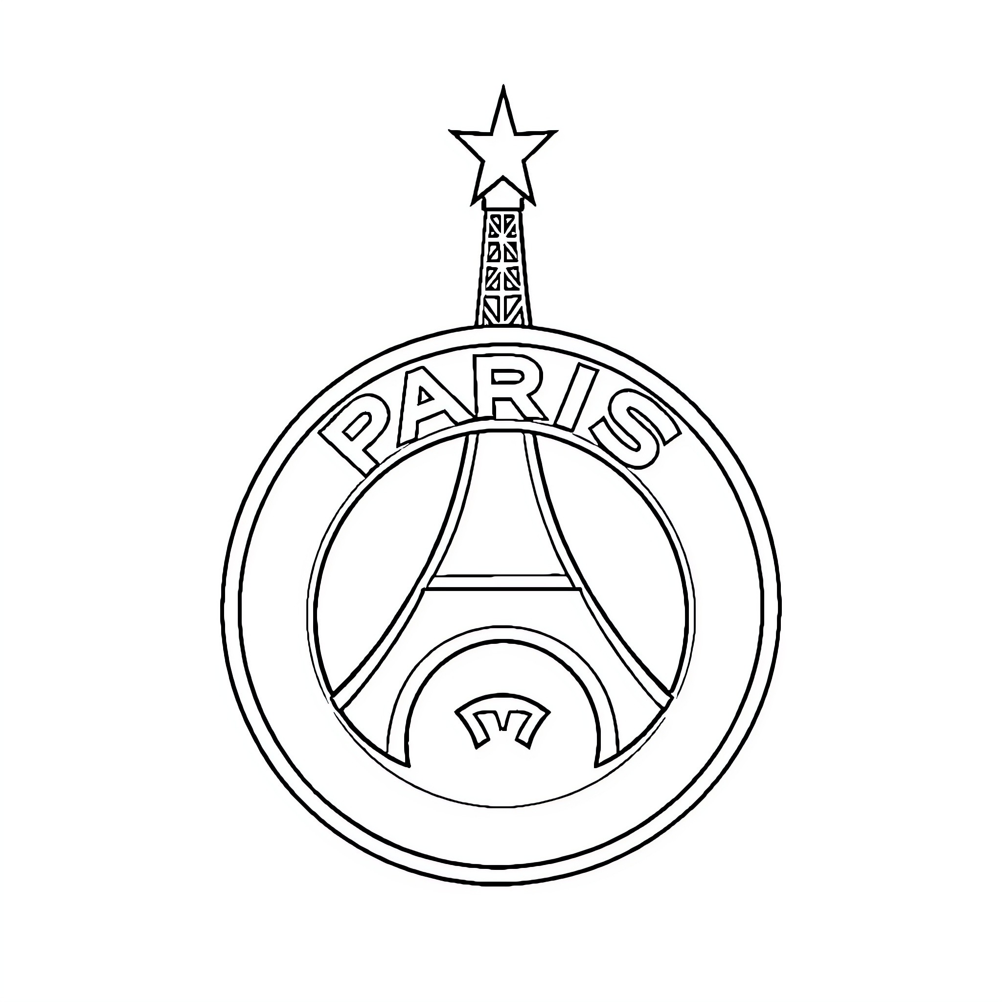 PSG team logo with Eiffel Tower and star Coloring Page (free black-and-white line drawing printable PDF for all, from beginners to advanced learners, including children, teens, adults, and seniors)