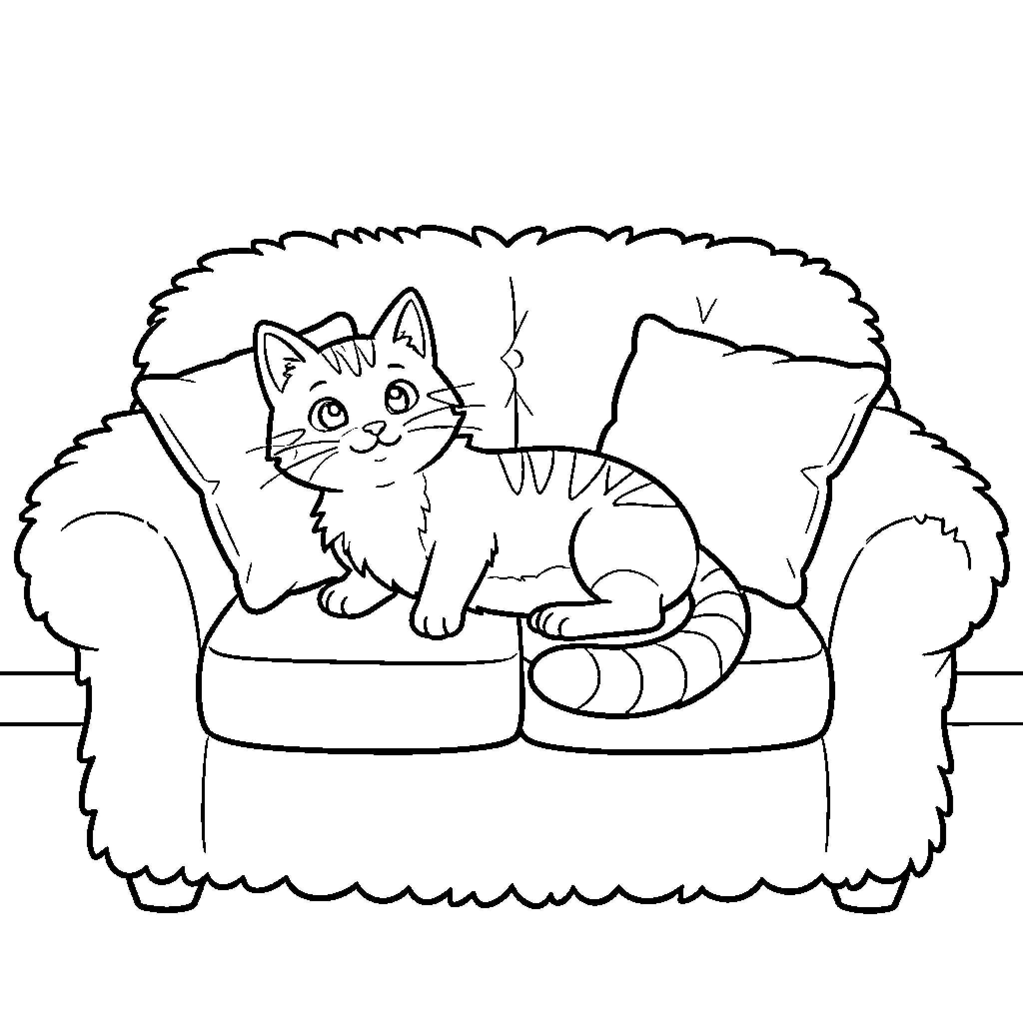 Cat lounging comfortably on sofa Coloring Page (free black-and-white line drawing printable PDF for all, from beginners to advanced learners, including children, teens, adults, and seniors)