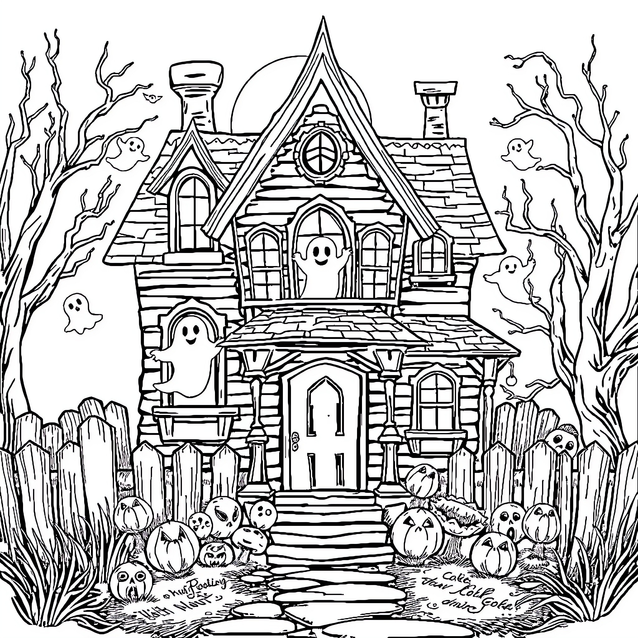 Haunt Haunted House with Spooky Atmosphere Coloring Page (free black-and-white line drawing printable PDF for all, from beginners to advanced learners, including children, teens, adults, and seniors)