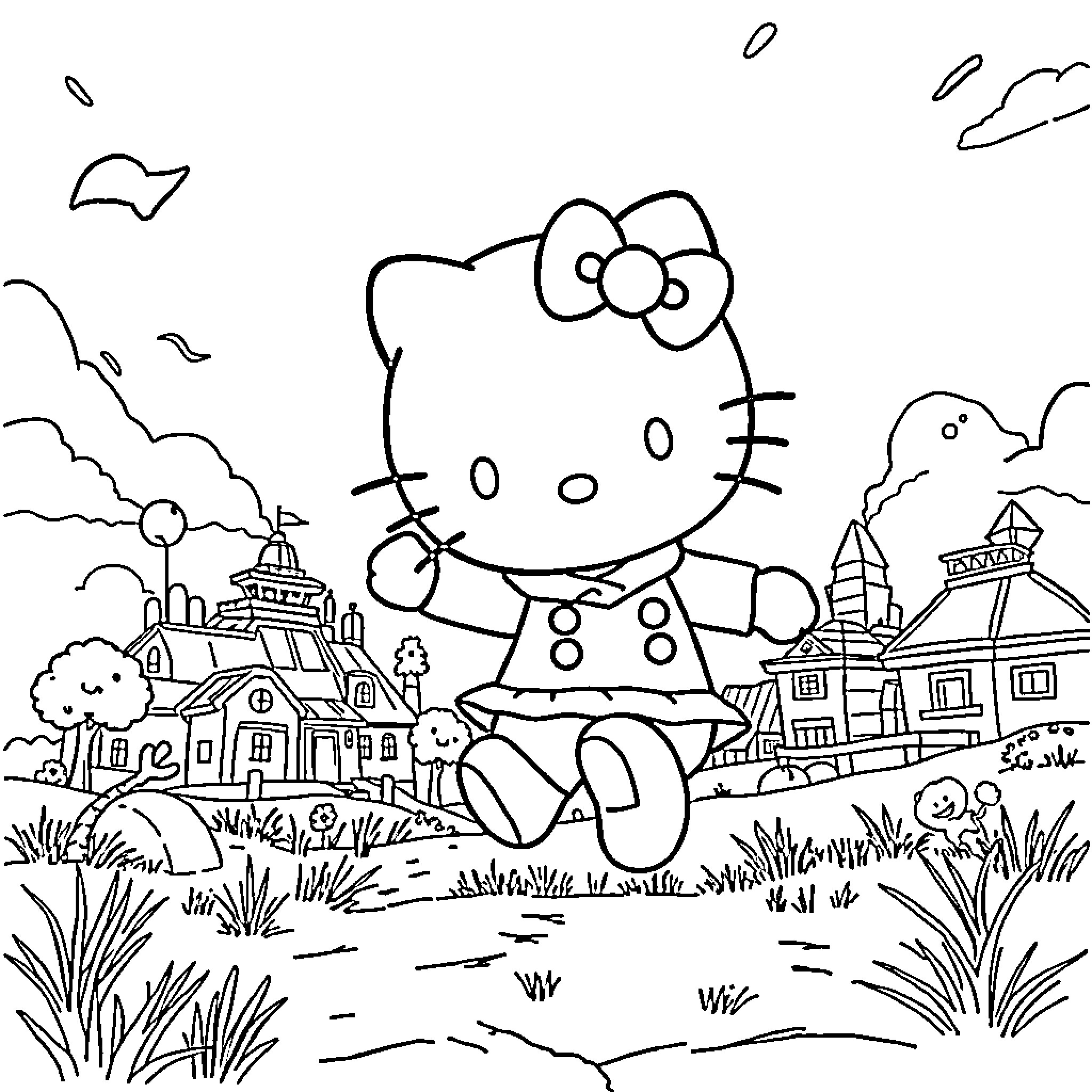 Hello Kitty Exploring a Whimsical Village Coloring Page (free black-and-white line drawing printable PDF for all, from beginners to advanced learners, including children, teens, adults, and seniors)