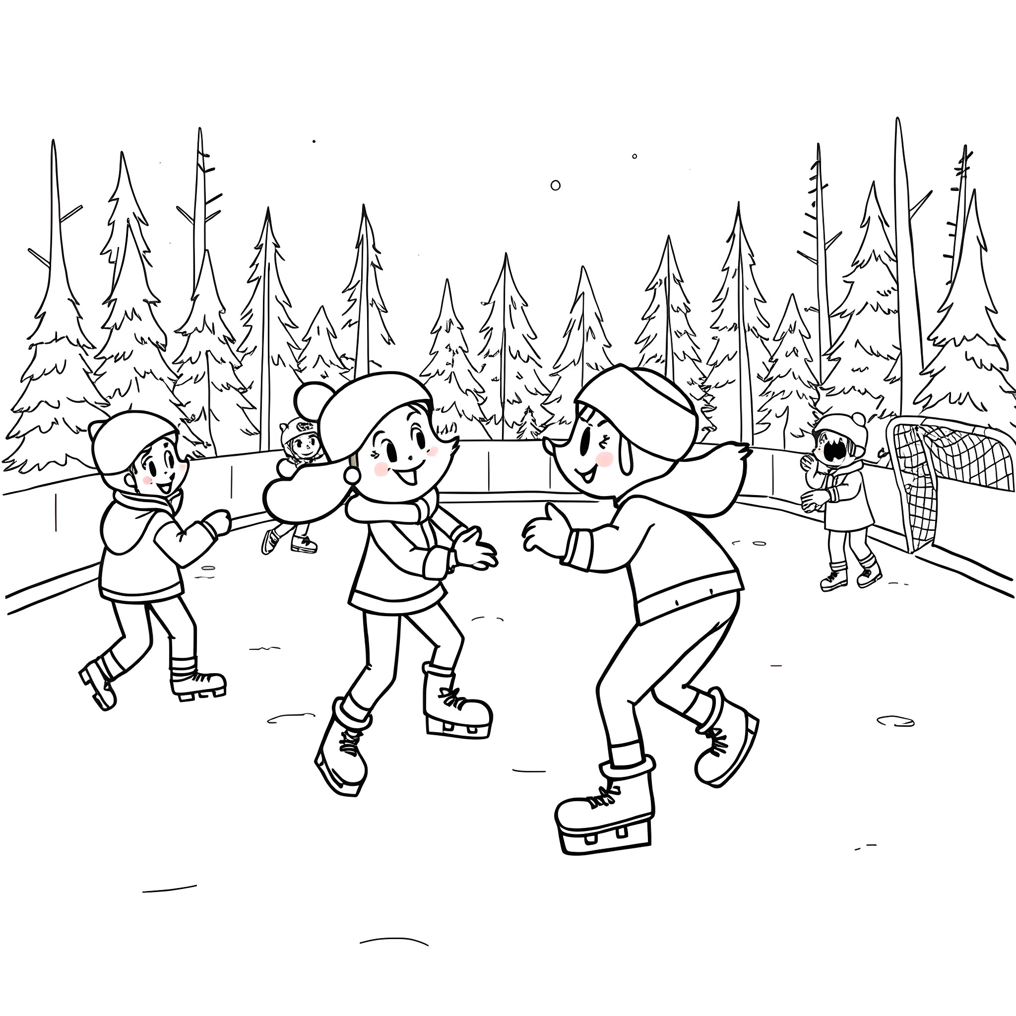 Bluey and friends ice skating in the winter wonderland Coloring Page (free black-and-white line drawing printable PDF for all, from beginners to advanced learners, including children, teens, adults, and seniors)
