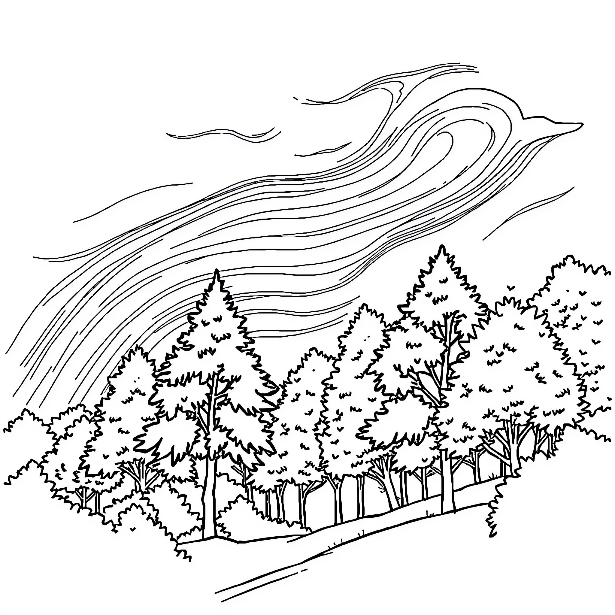 Wind sweeping through the forest landscape Coloring Page (free black-and-white line drawing printable PDF for all, from beginners to advanced learners, including children, teens, adults, and seniors)