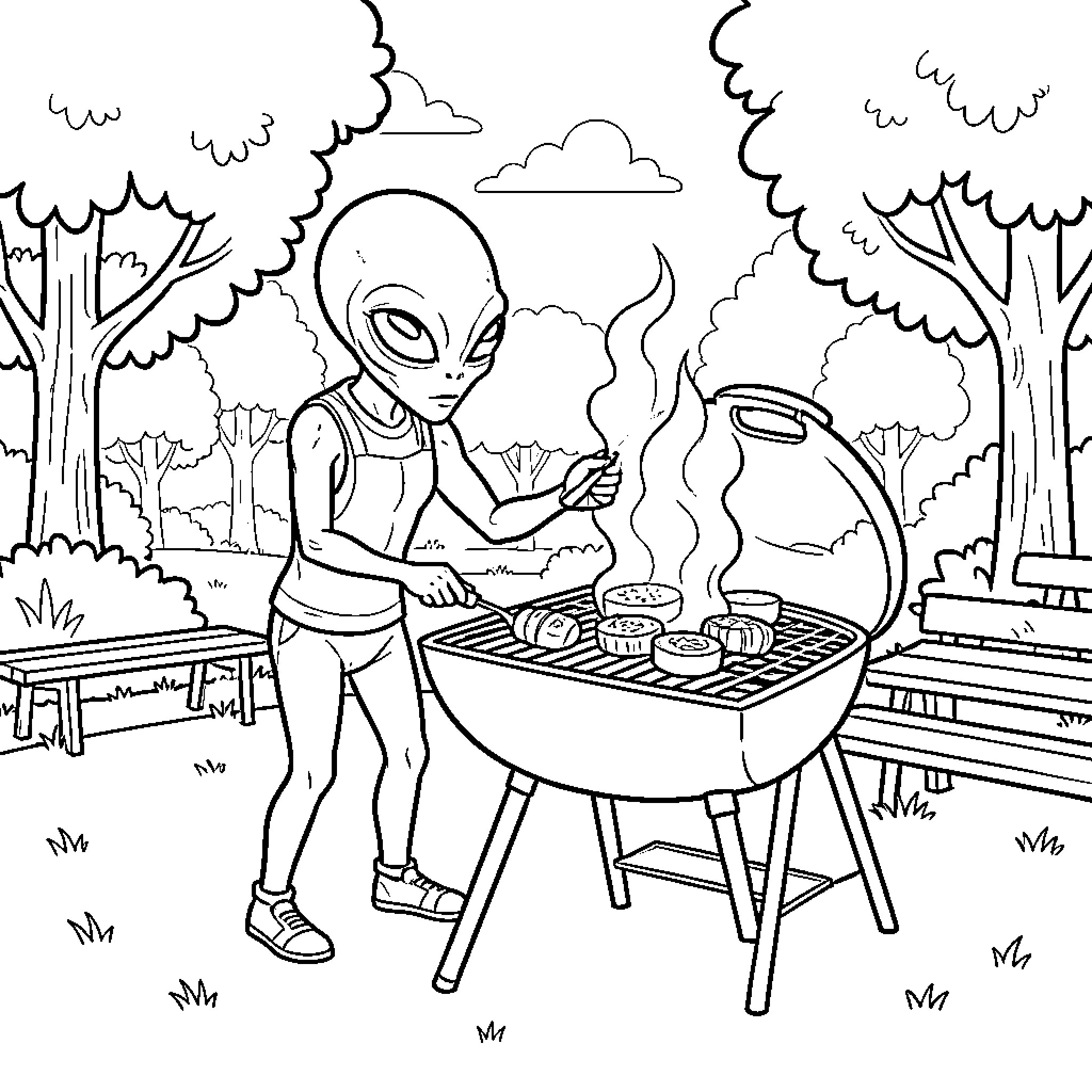 Alien grilling food on a barbecue in a park Coloring Page (free black-and-white line drawing printable PDF for all, from beginners to advanced learners, including children, teens, adults, and seniors)
