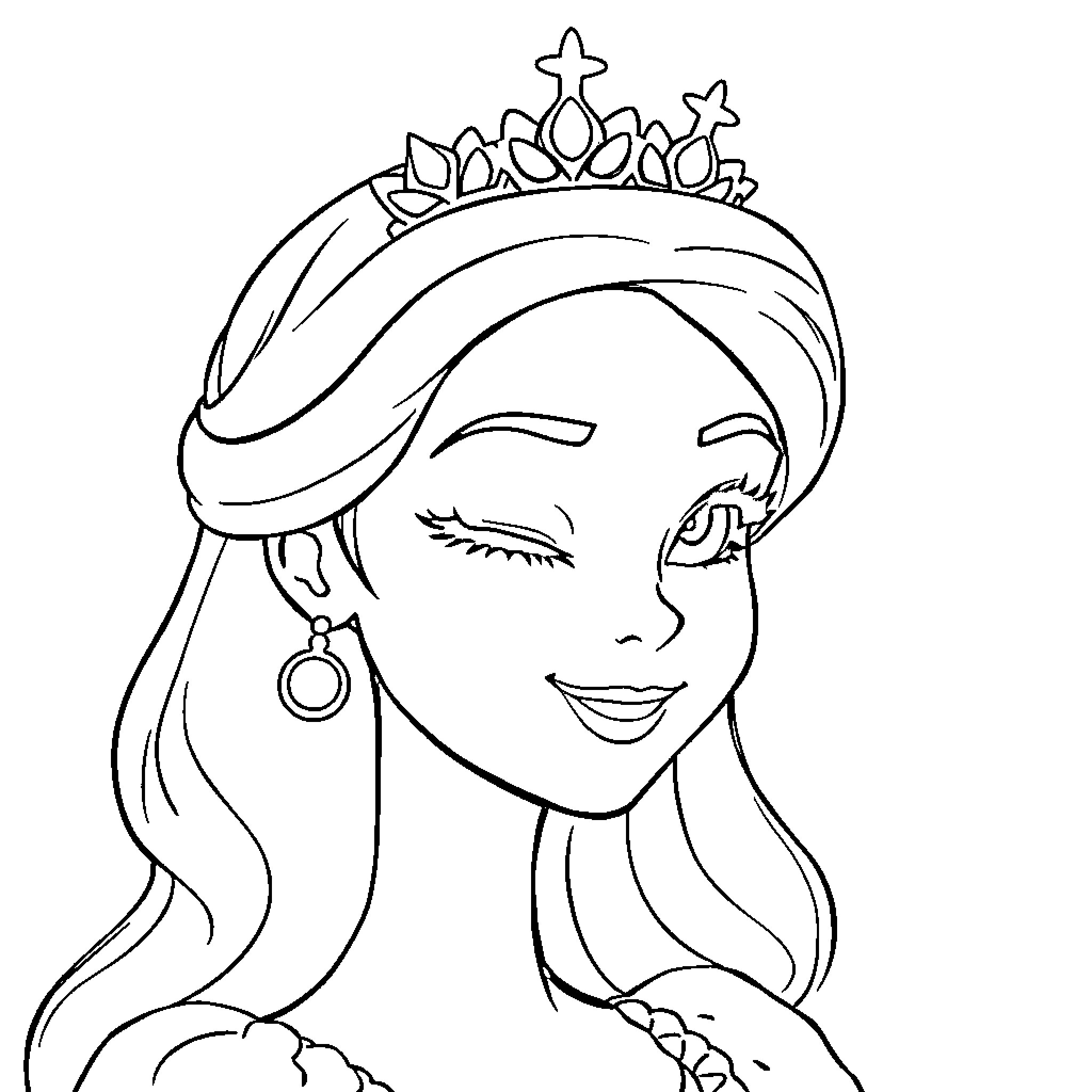 Princess with crown smiling happily Coloring Page (free black-and-white line drawing printable PDF for all, from beginners to advanced learners, including children, teens, adults, and seniors)