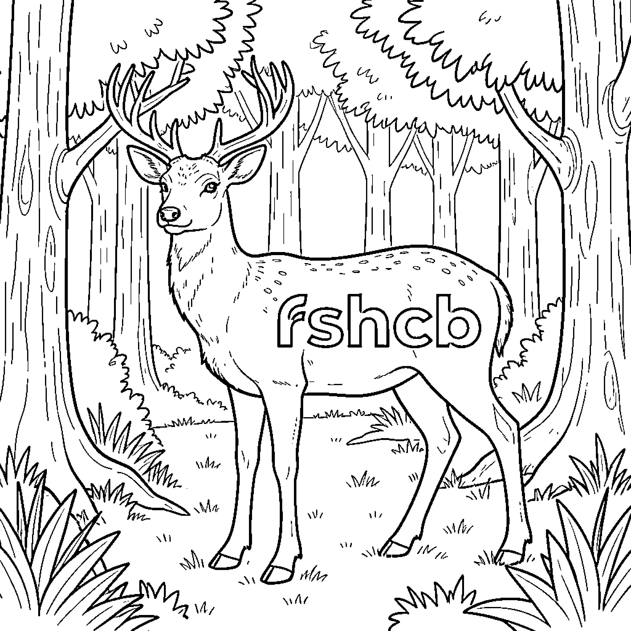 Deer standing calmly in a dense forest Coloring Page (free black-and-white line drawing printable PDF for all, from beginners to advanced learners, including children, teens, adults, and seniors)