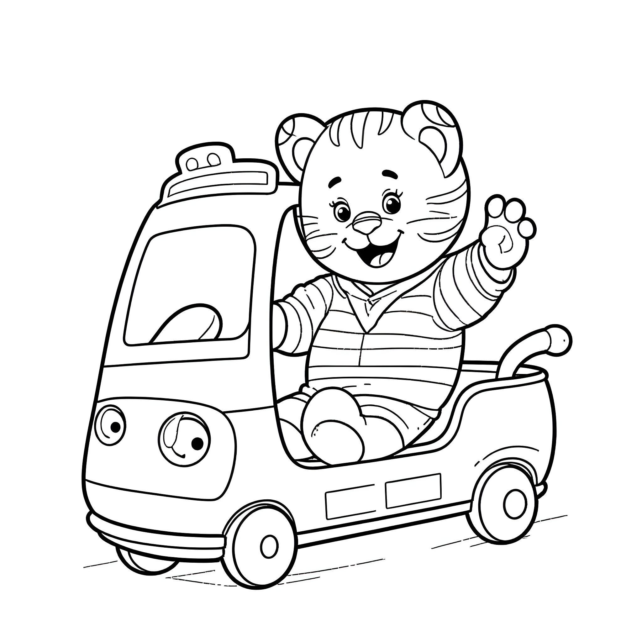 Daniel Tiger Riding in a Friendly Vehicle Coloring Page (free black-and-white line drawing printable PDF for all, from beginners to advanced learners, including children, teens, adults, and seniors)