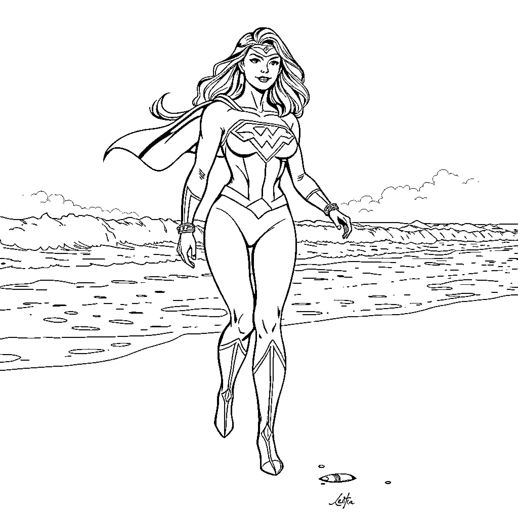 Superwoman walking powerfully on the beach Coloring Page (free black-and-white line drawing printable PDF for all, from beginners to advanced learners, including children, teens, adults, and seniors)