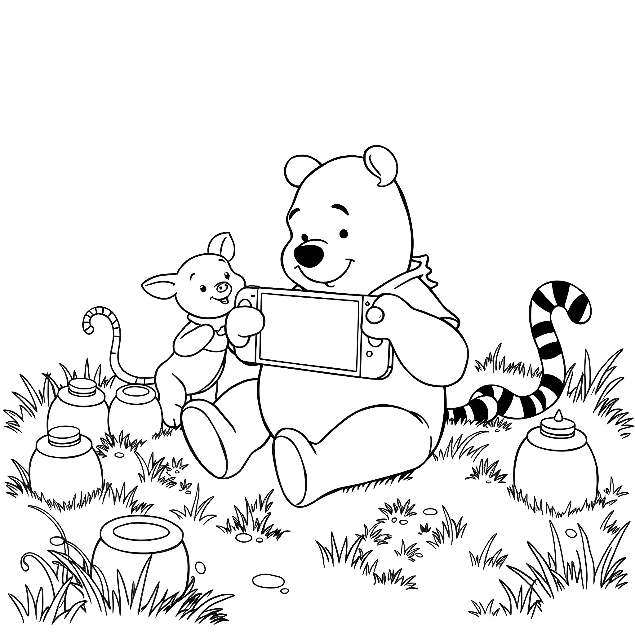 Winnie The Pooh and Friends Exploring Nature Coloring Page (free black-and-white line drawing printable PDF for all, from beginners to advanced learners, including children, teens, adults, and seniors)