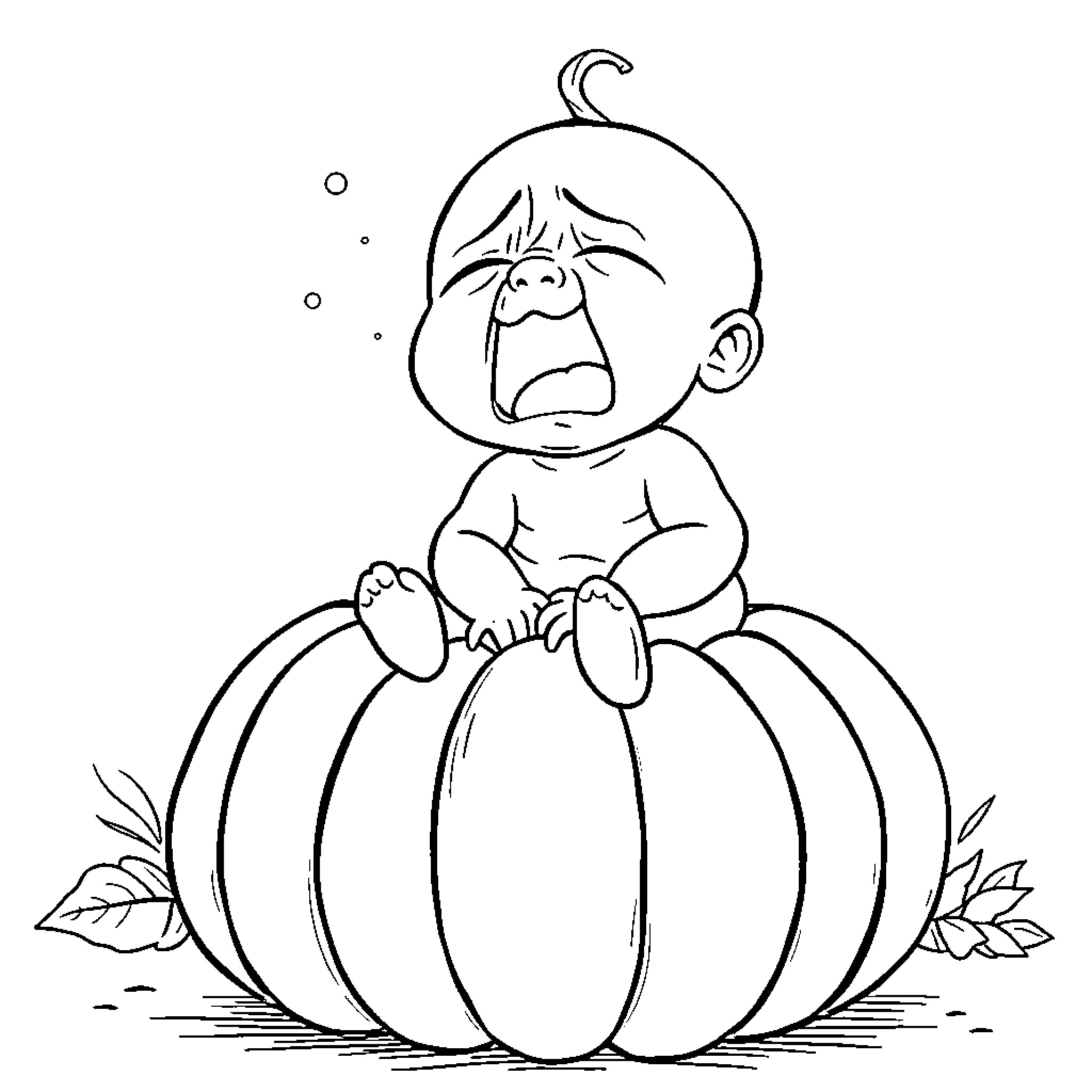 Baby crying on pumpkin Coloring Page (free black-and-white line drawing printable PDF for all, from beginners to advanced learners, including children, teens, adults, and seniors)