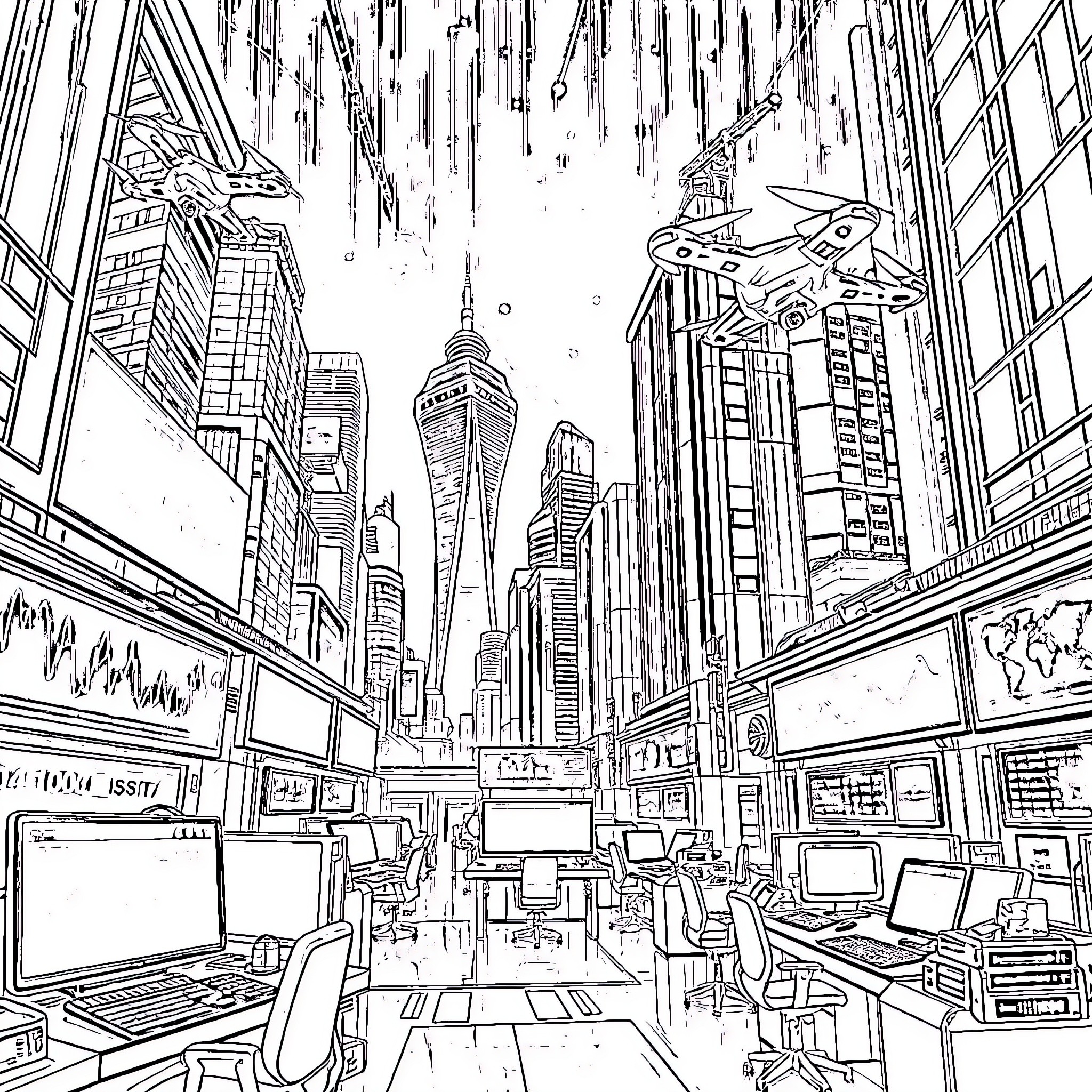 Cyberpunk City Office: Futuristic Workspace in a Towering Metropolis Coloring Page (free black-and-white line drawing printable PDF for all, from beginners to advanced learners, including children, teens, adults, and seniors)