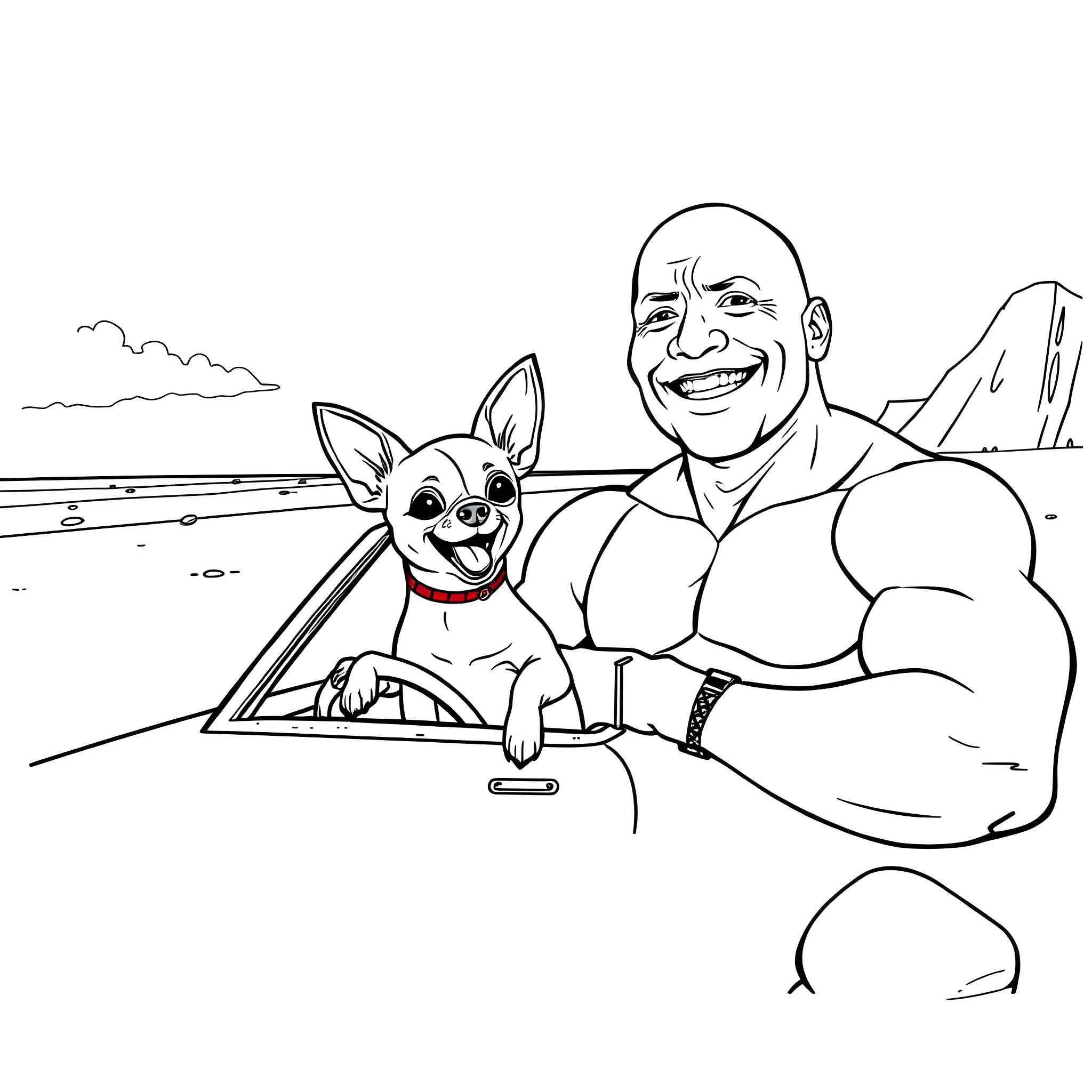 Chihuahua enjoying a joyride with muscular driver Coloring Page (free black-and-white line drawing printable PDF for all, from beginners to advanced learners, including children, teens, adults, and seniors)