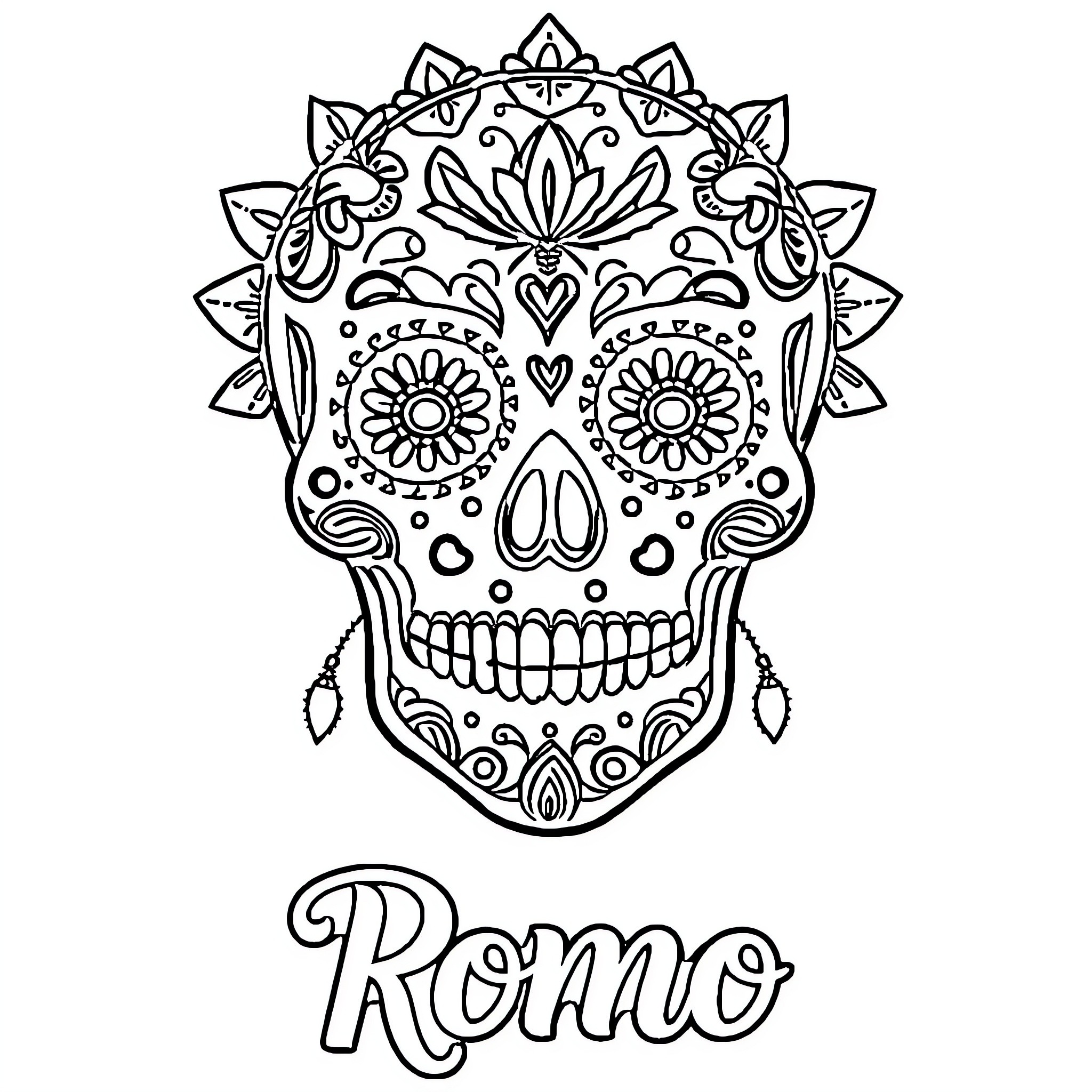 Sugar Skull with Ornate Floral Motifs Coloring Page (free black-and-white line drawing printable PDF for all, from beginners to advanced learners, including children, teens, adults, and seniors)
