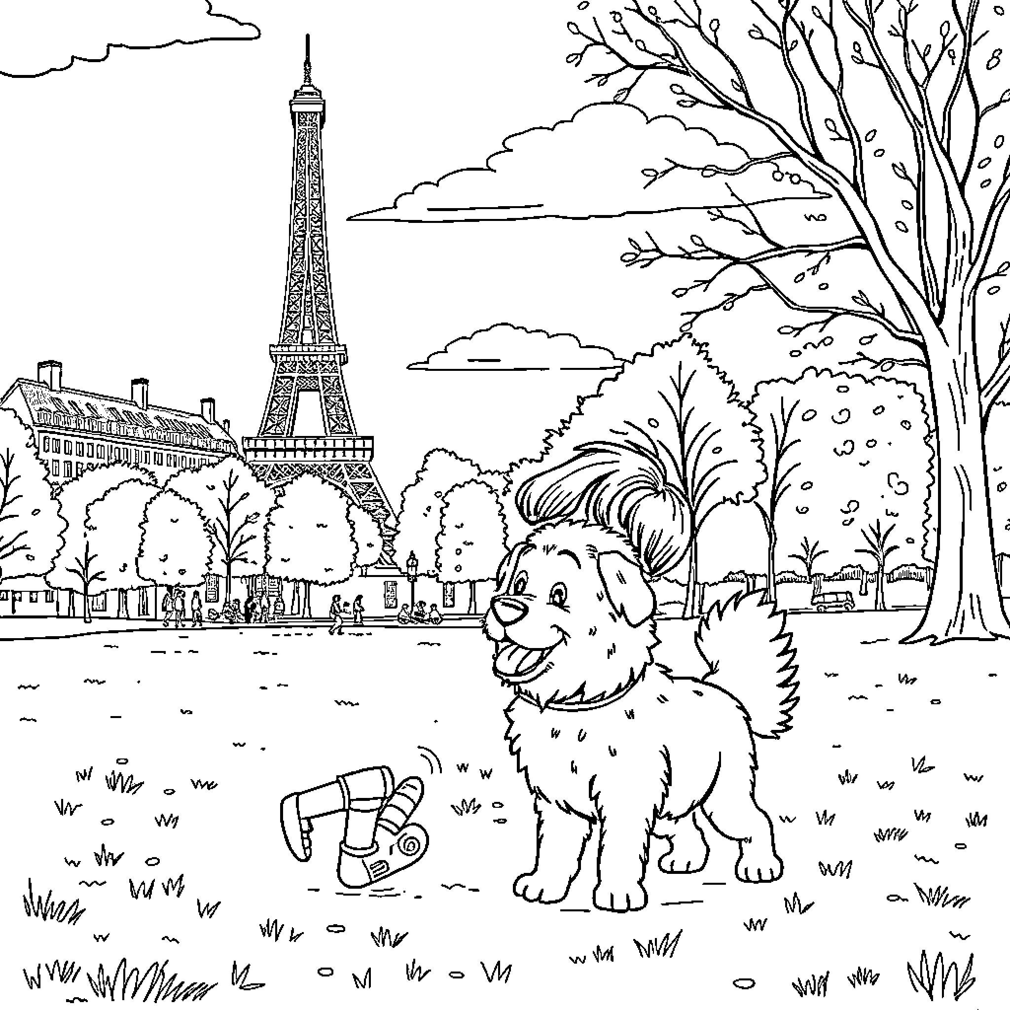 Child playing happily with pet dog in Paris Coloring Page (free black-and-white line drawing printable PDF for all, from beginners to advanced learners, including children, teens, adults, and seniors)