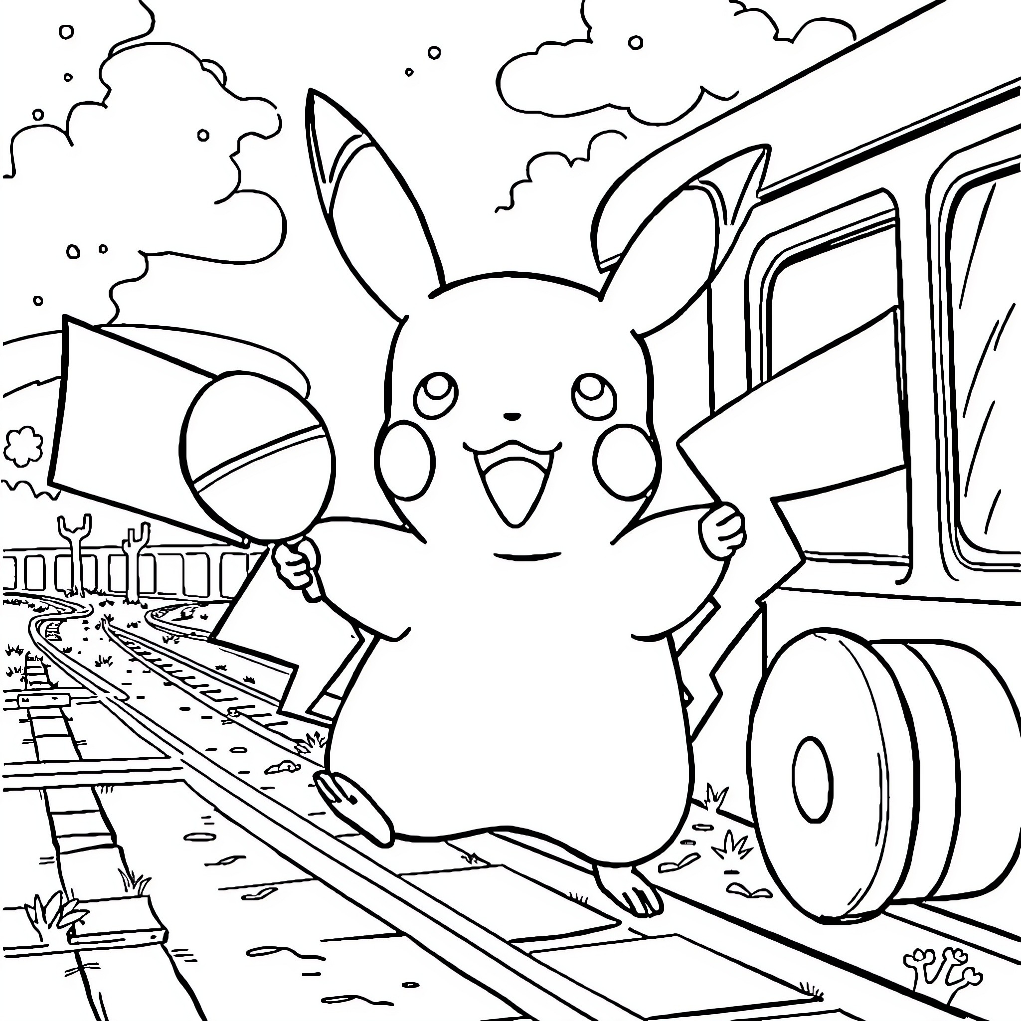Pikachu enjoying a railway adventure Coloring Page (free black-and-white line drawing printable PDF for all, from beginners to advanced learners, including children, teens, adults, and seniors)