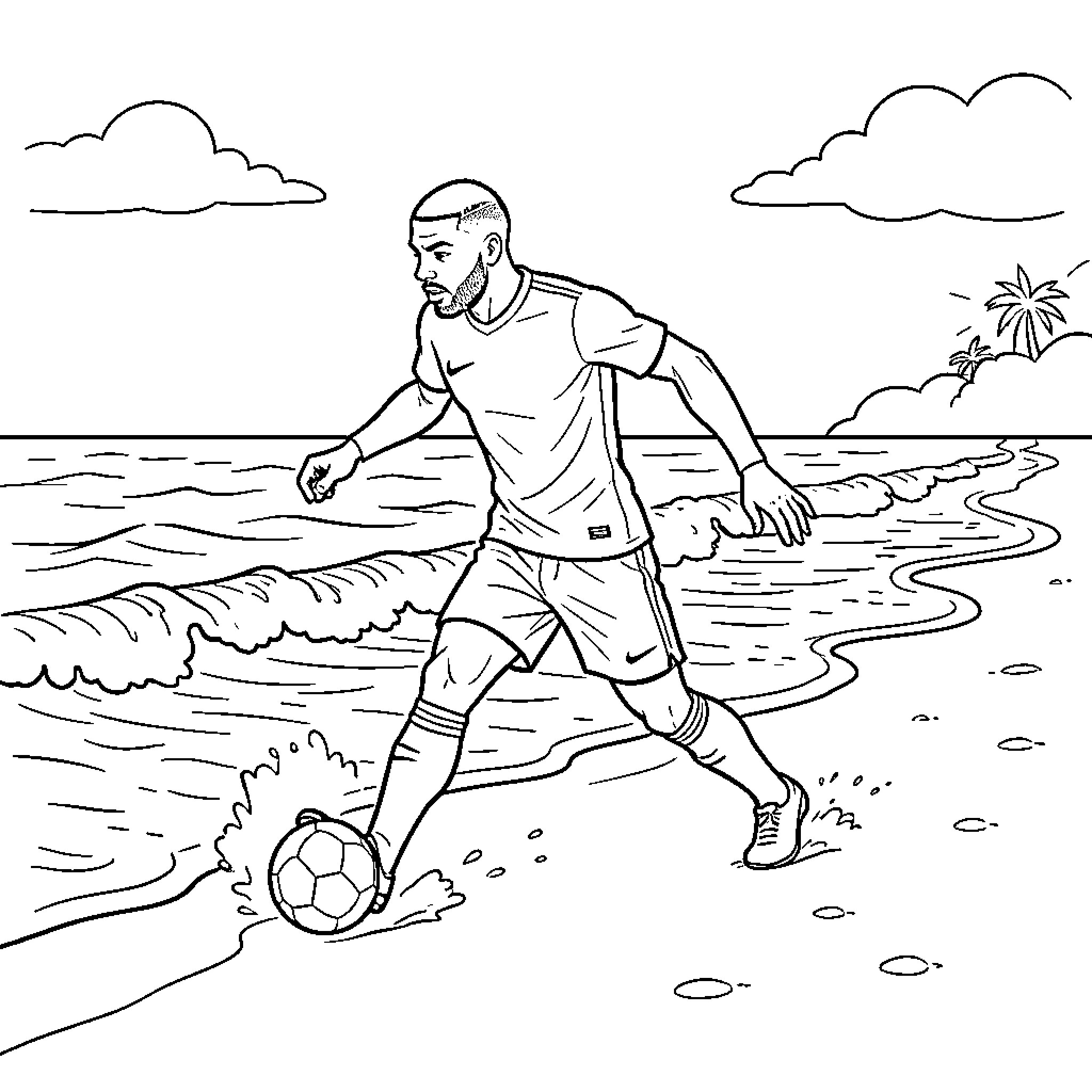 Mbappe playing soccer on a sunny beach Coloring Page (free black-and-white line drawing printable PDF for all, from beginners to advanced learners, including children, teens, adults, and seniors)