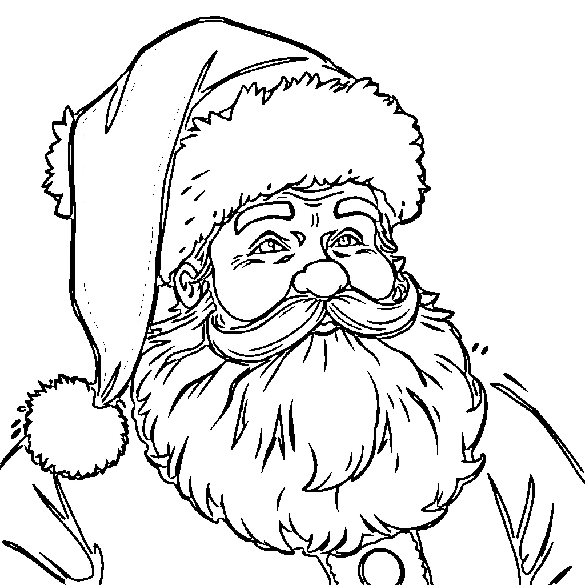 Santa with a jolly expression and fluffy white beard Coloring Page (free black-and-white line drawing printable PDF for all, from beginners to advanced learners, including children, teens, adults, and seniors)