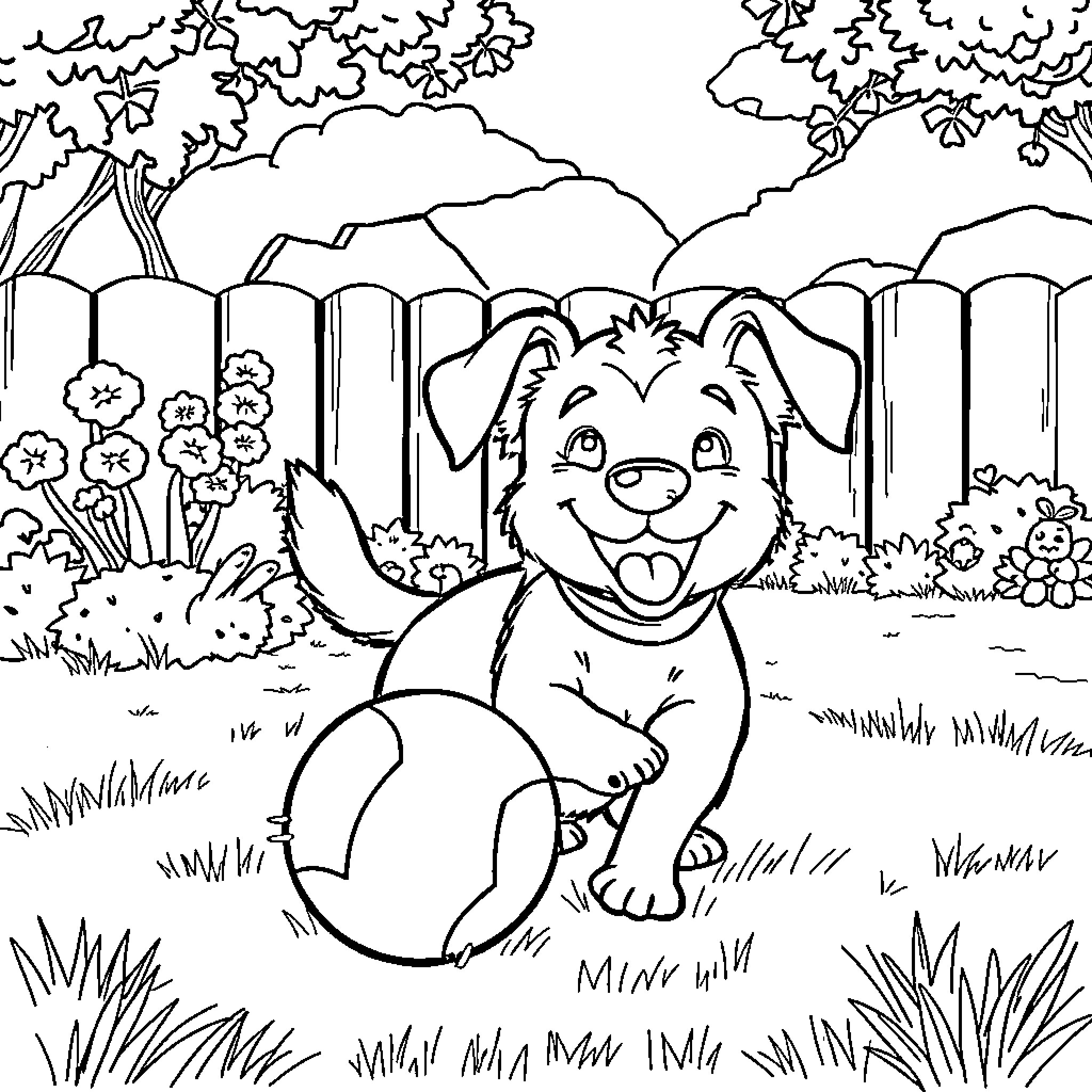 Dog playing happily in the garden Coloring Page (free black-and-white line drawing printable PDF for all, from beginners to advanced learners, including children, teens, adults, and seniors)