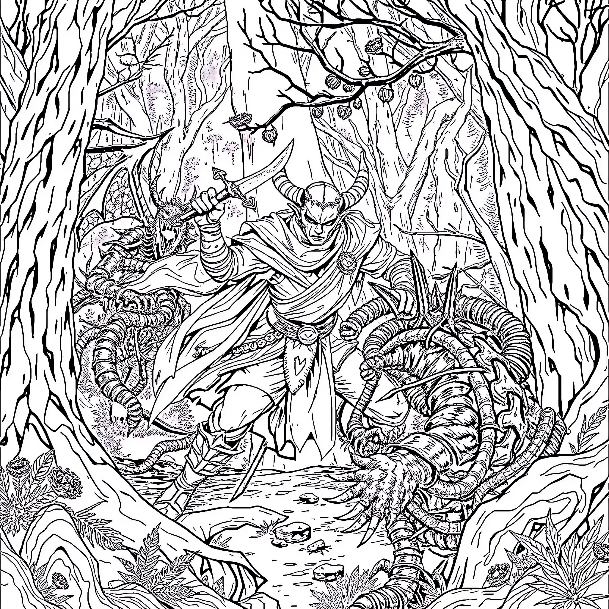 Demon Slayer Warrior Battles Formidable Creature in Mystical Forest Coloring Page (free black-and-white line drawing printable PDF for all, from beginners to advanced learners, including children, teens, adults, and seniors)