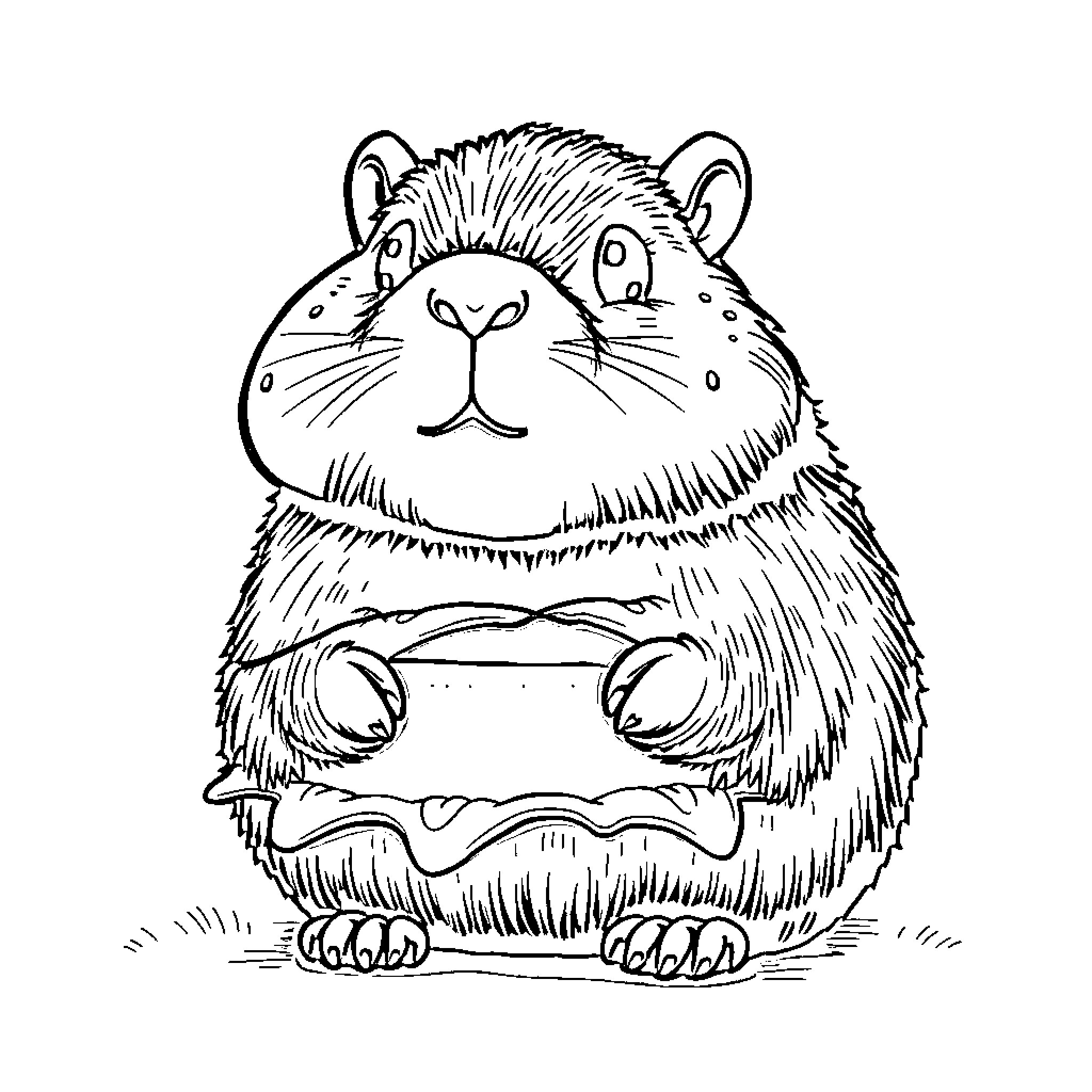 Capybara eating a tasty snack Coloring Page (free black-and-white line drawing printable PDF for all, from beginners to advanced learners, including children, teens, adults, and seniors)
