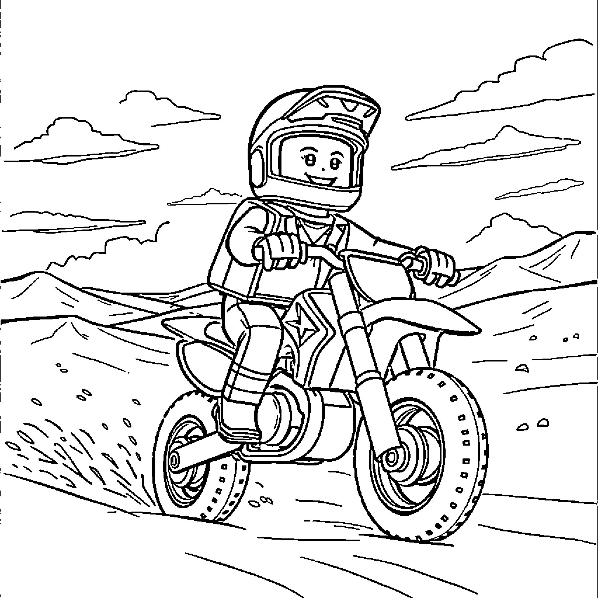 Lego Guy Riding a Dirt Bike in the Mountains Coloring Page (free black-and-white line drawing printable PDF for all, from beginners to advanced learners, including children, teens, adults, and seniors)