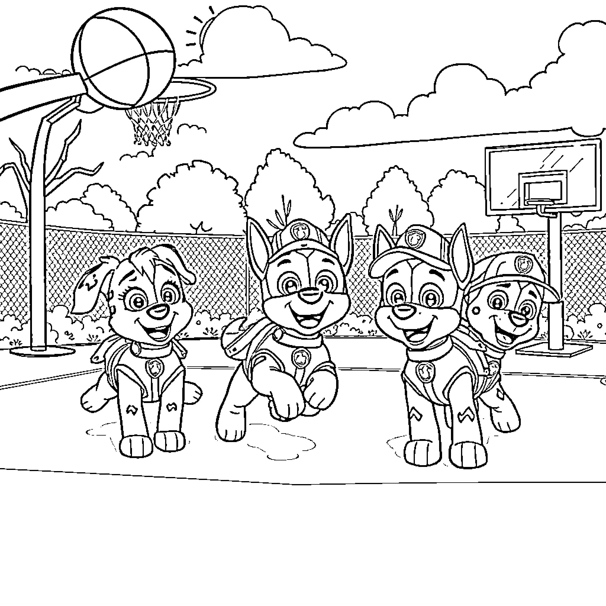 Paw Patrol playing basketball on the court Coloring Page (free black-and-white line drawing printable PDF for all, from beginners to advanced learners, including children, teens, adults, and seniors)