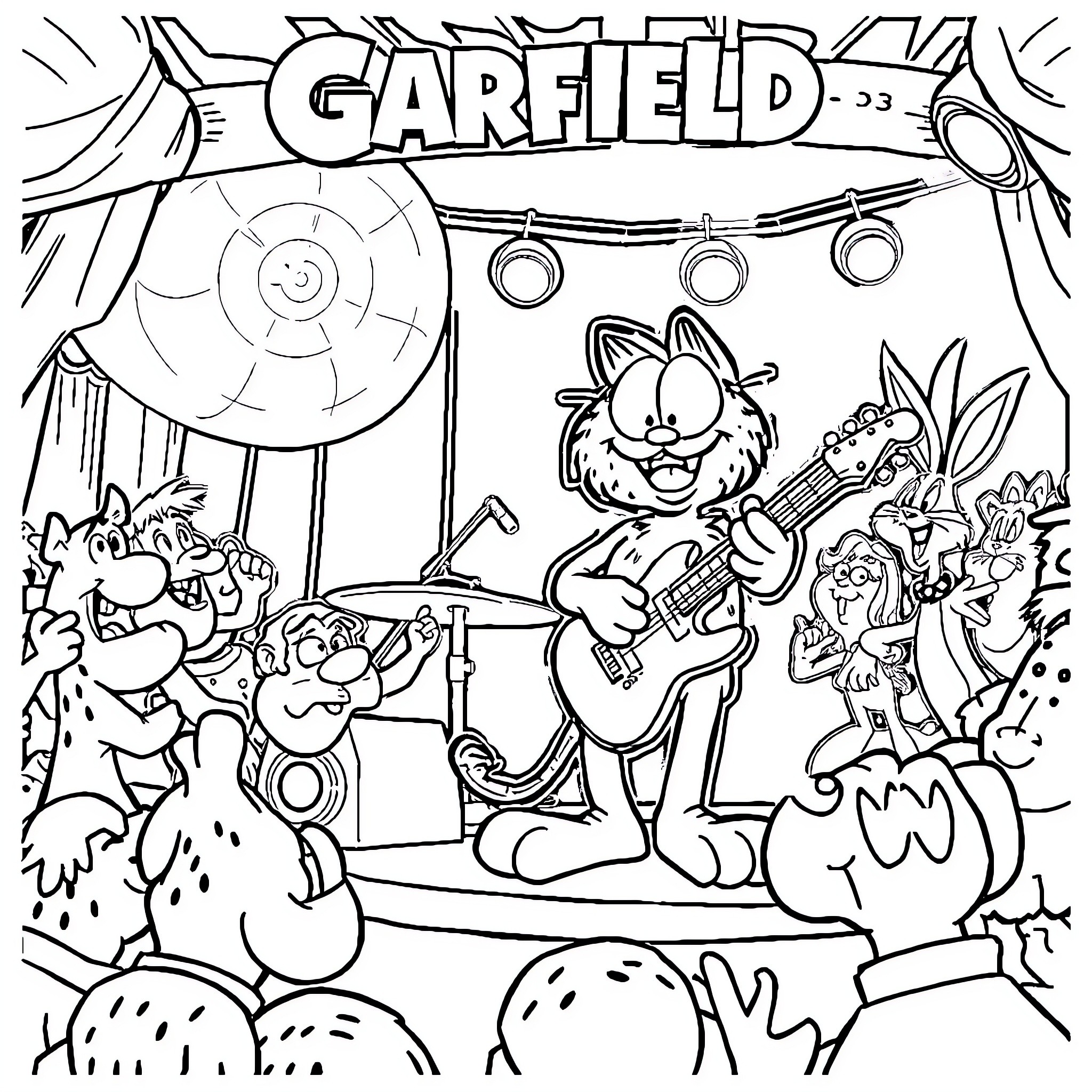 Garfield and Friends Enjoying a Lively Outdoor Party Coloring Page (free black-and-white line drawing printable PDF for all, from beginners to advanced learners, including children, teens, adults, and seniors)