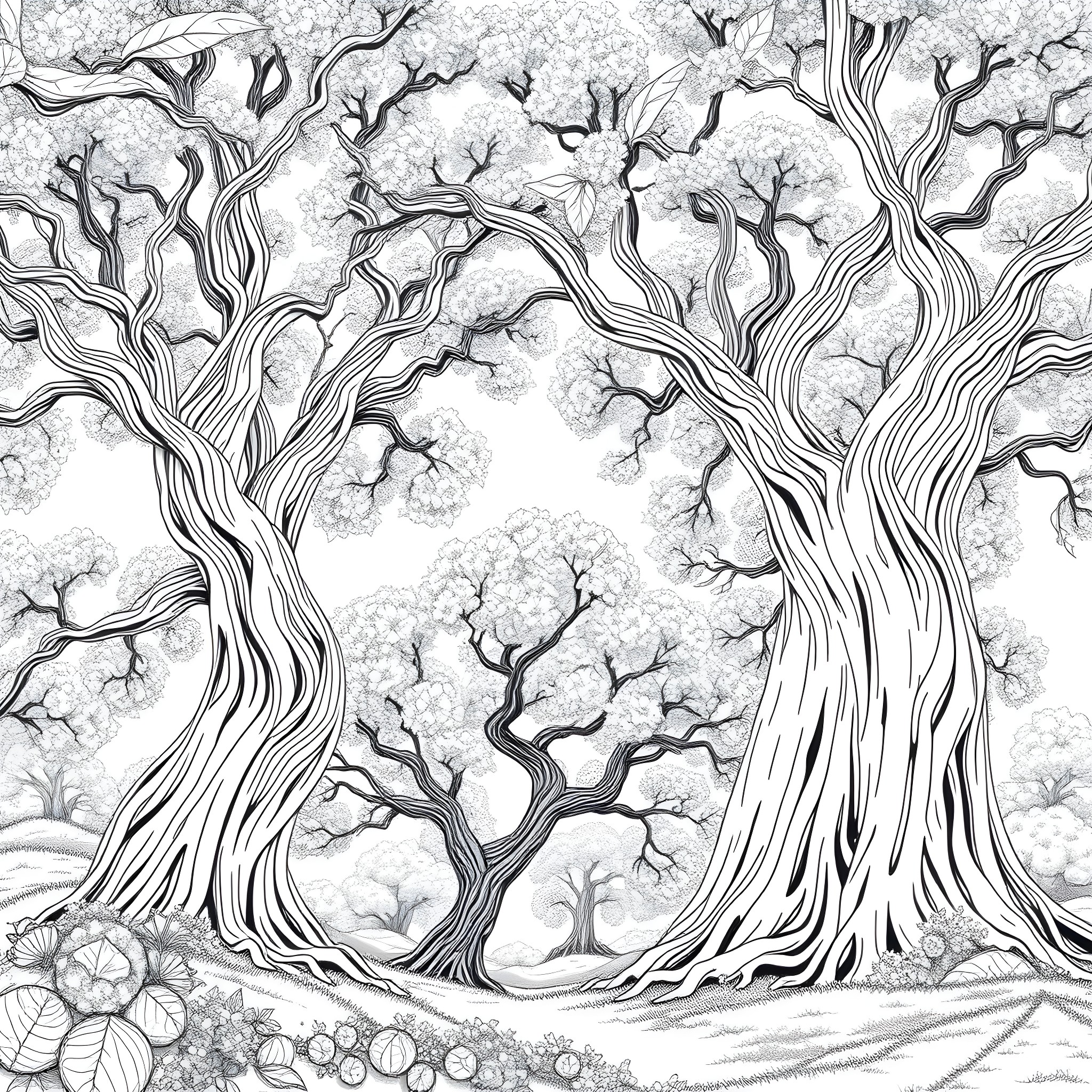 Tree branches intertwining in a surreal forest Coloring Page (free black-and-white line drawing printable PDF for all, from beginners to advanced learners, including children, teens, adults, and seniors)