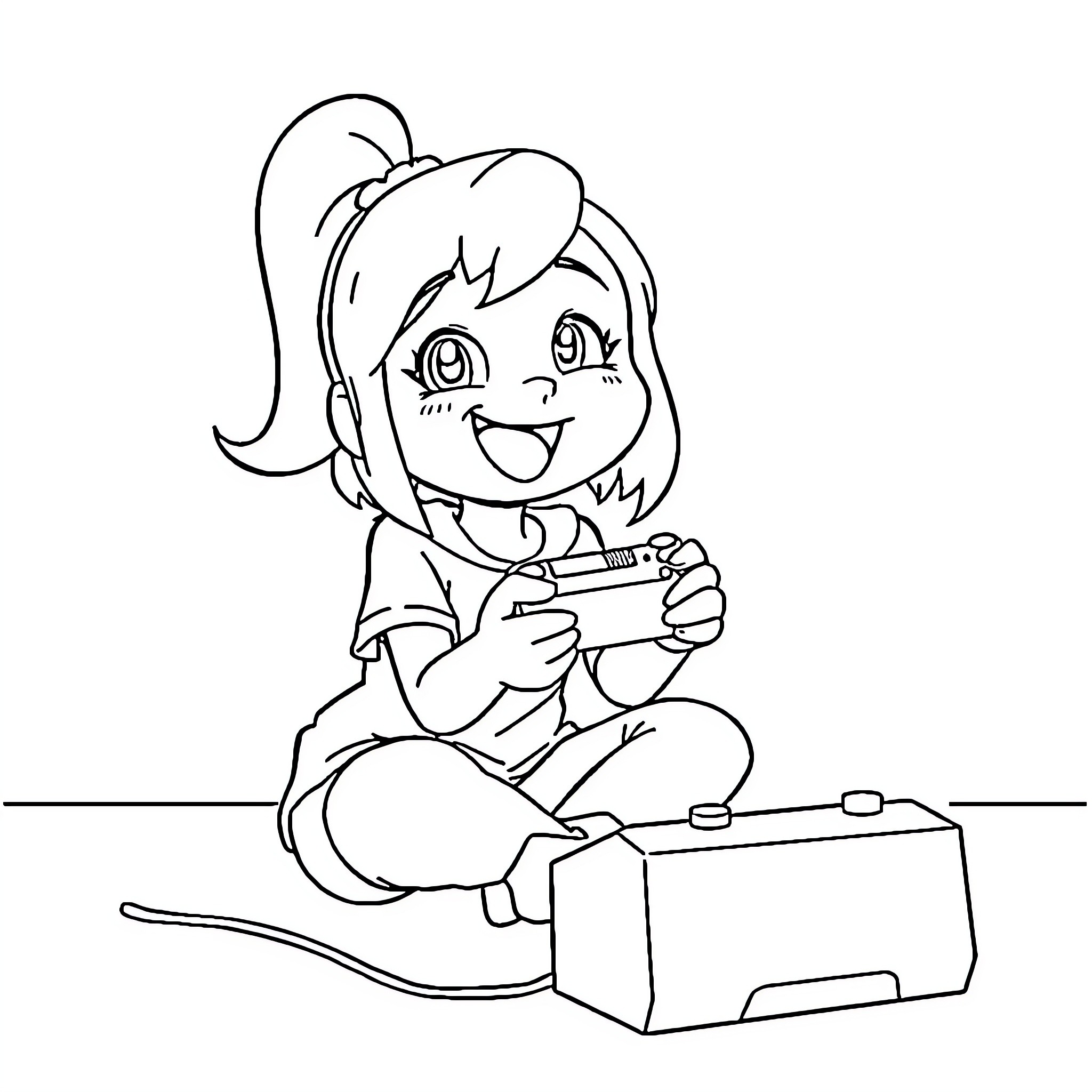 Bluey enthusiastically playing video game Coloring Page (free black-and-white line drawing printable PDF for all, from beginners to advanced learners, including children, teens, adults, and seniors)