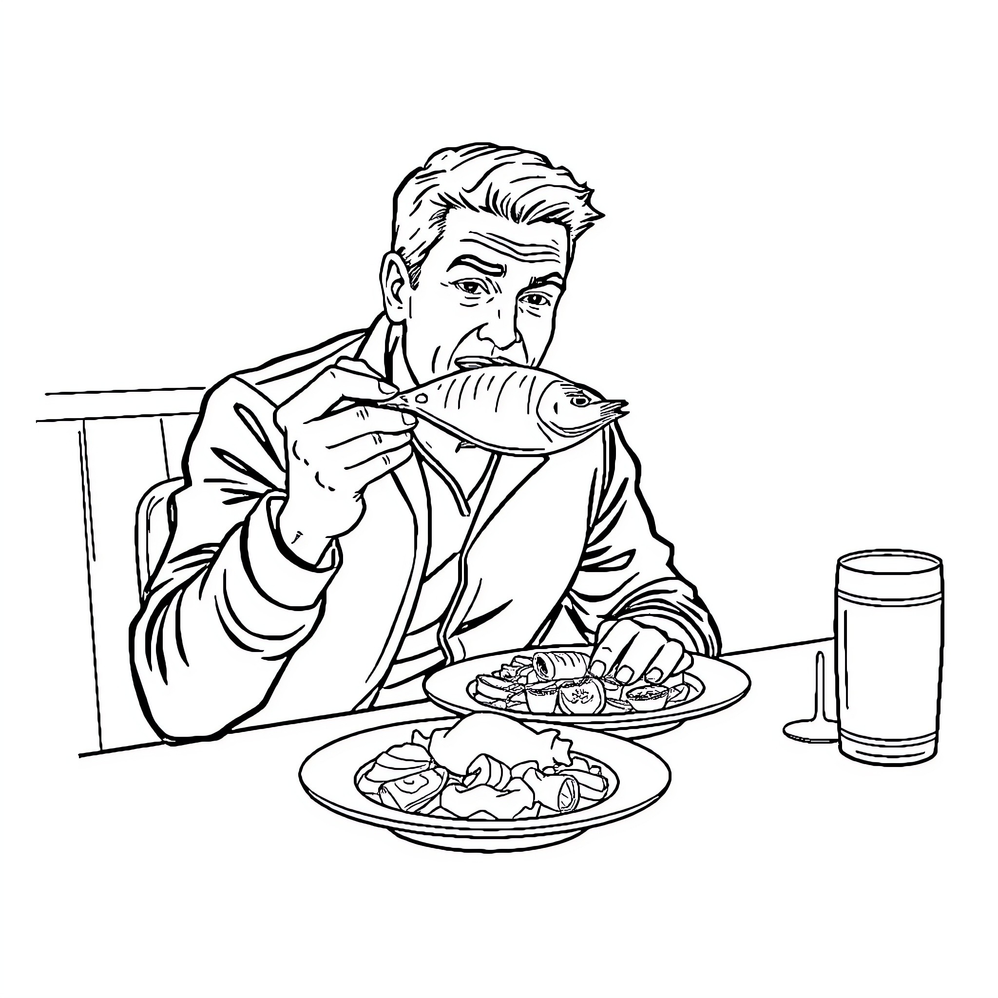 Man Enjoying Meal at Restaurant Coloring Page (free black-and-white line drawing printable PDF for all, from beginners to advanced learners, including children, teens, adults, and seniors)