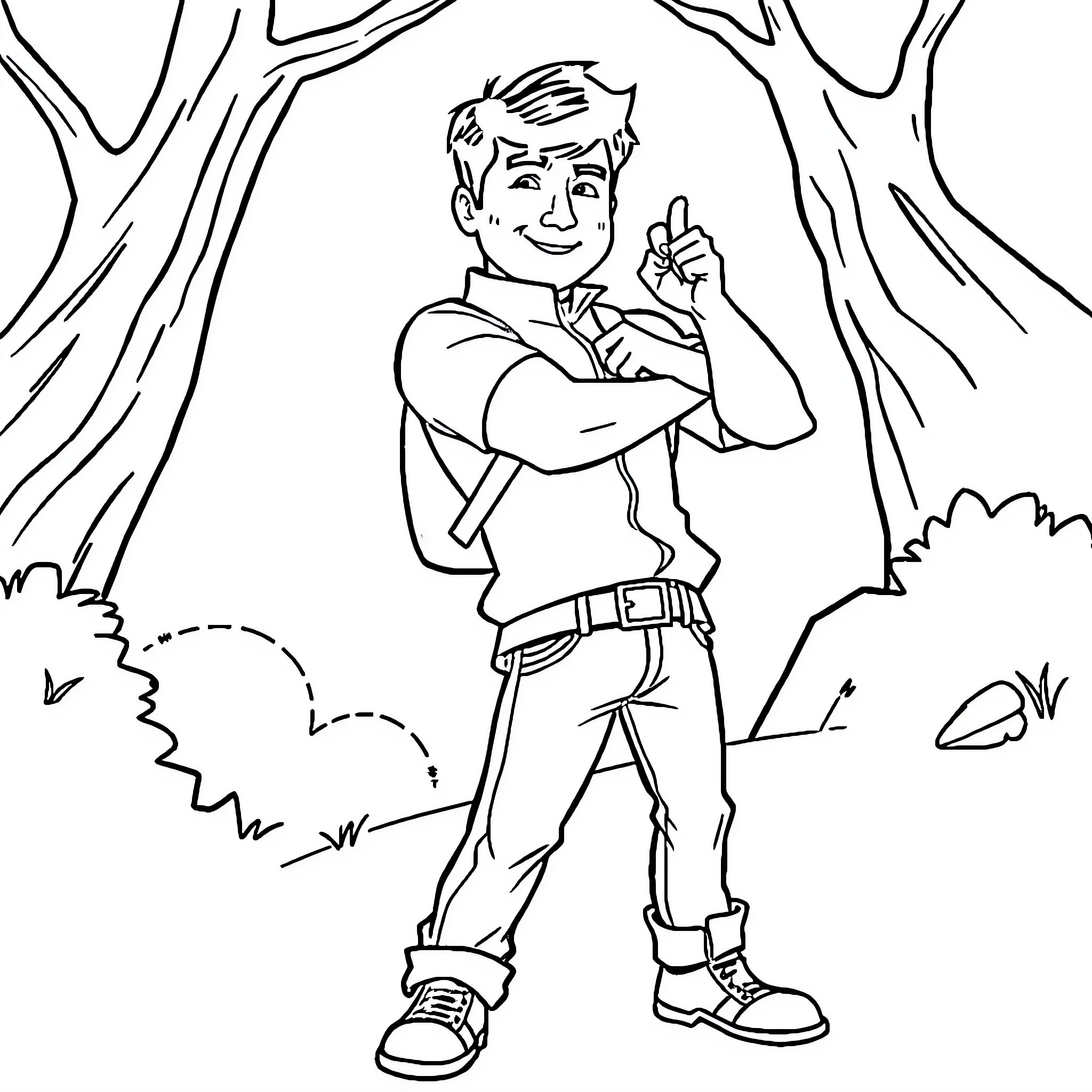 Jackie Chan in Outdoor Adventure Coloring Page (free black-and-white line drawing printable PDF for all, from beginners to advanced learners, including children, teens, adults, and seniors)