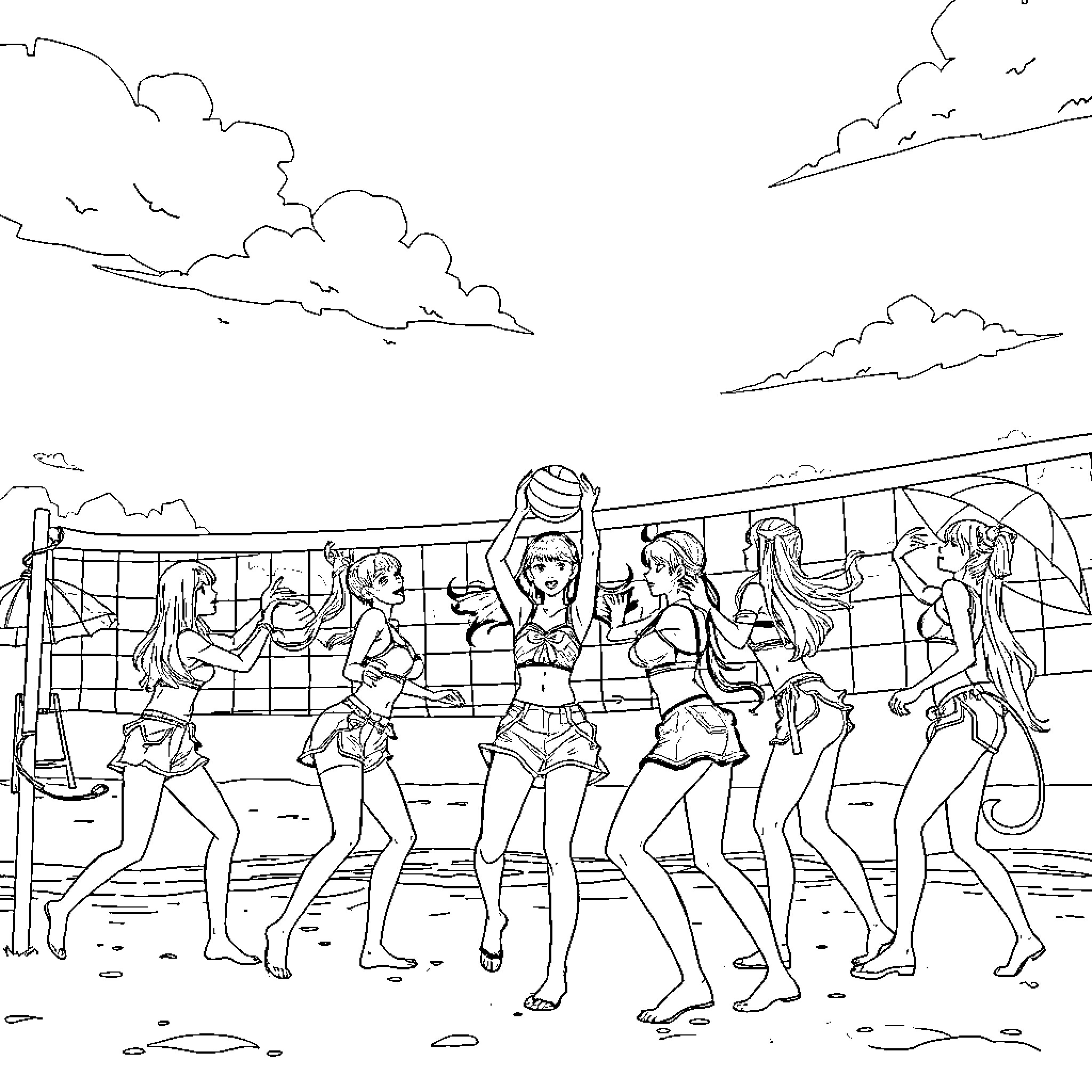 Kpop Demonhunter Fierce Dance Showdown on the Beach Coloring Page (free black-and-white line drawing printable PDF for all, from beginners to advanced learners, including children, teens, adults, and seniors)