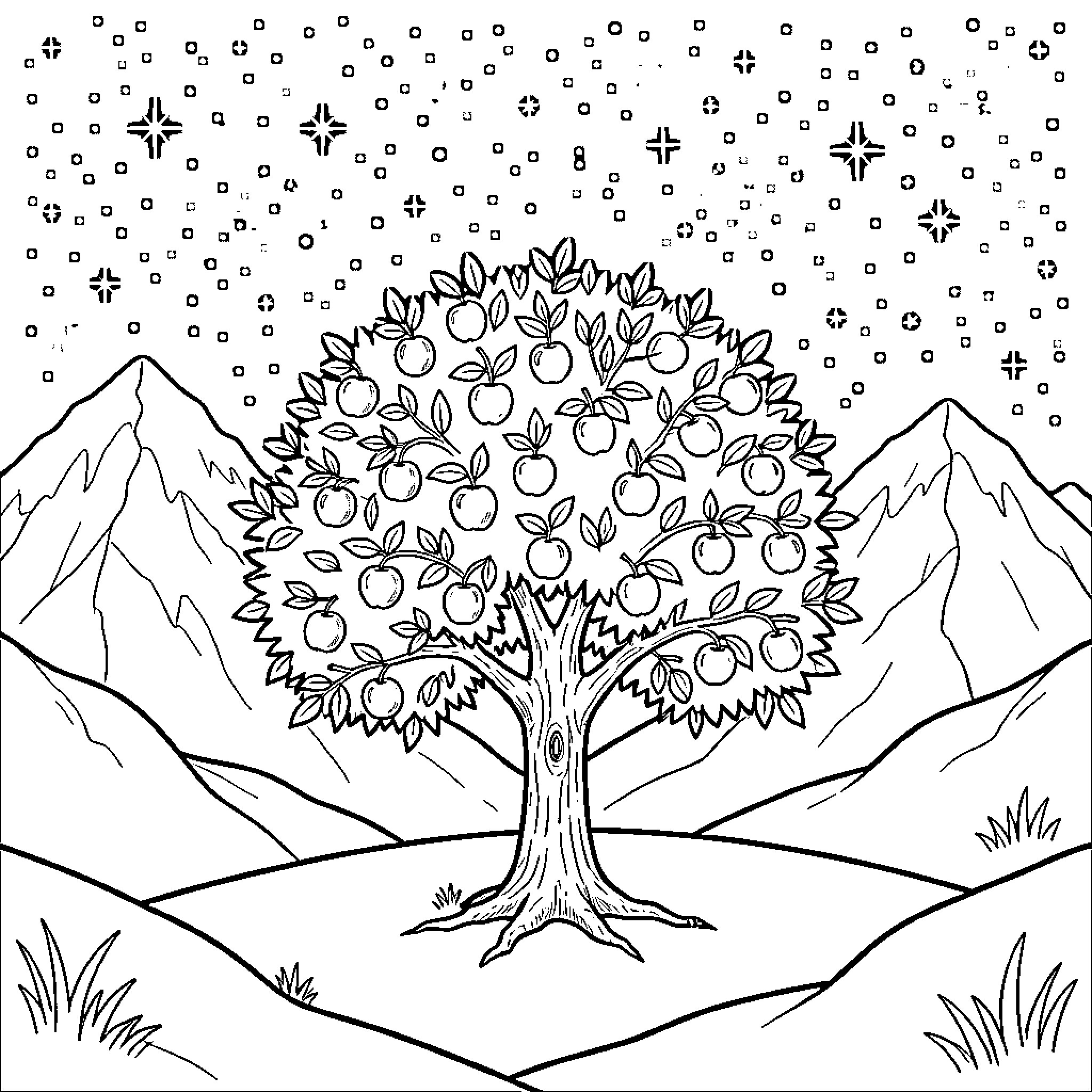 Manzana tree bearing fruit amidst a starry mountain landscape Coloring Page (free black-and-white line drawing printable PDF for all, from beginners to advanced learners, including children, teens, adults, and seniors)