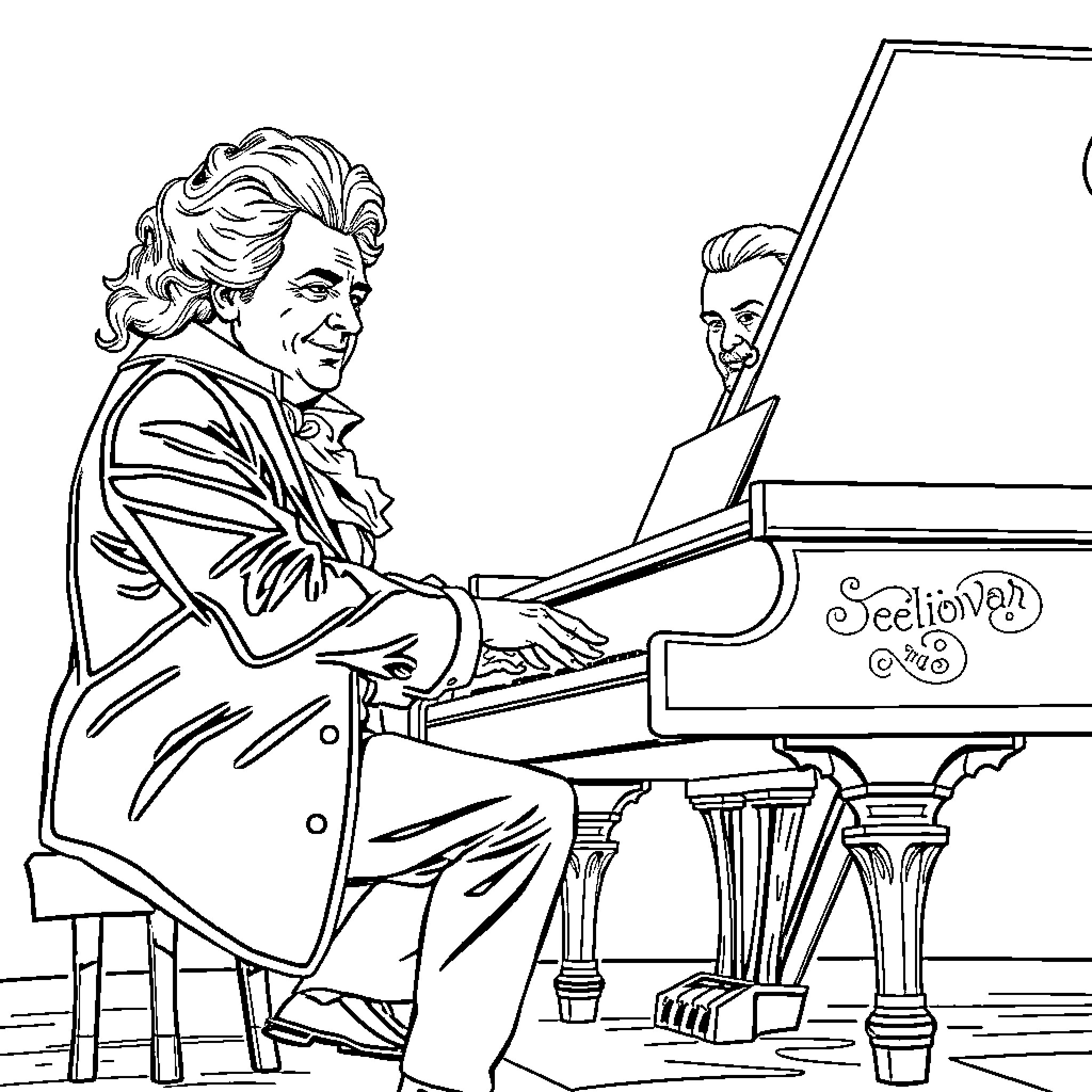 Beethoven Composing Music at the Piano Coloring Page (free black-and-white line drawing printable PDF for all, from beginners to advanced learners, including children, teens, adults, and seniors)