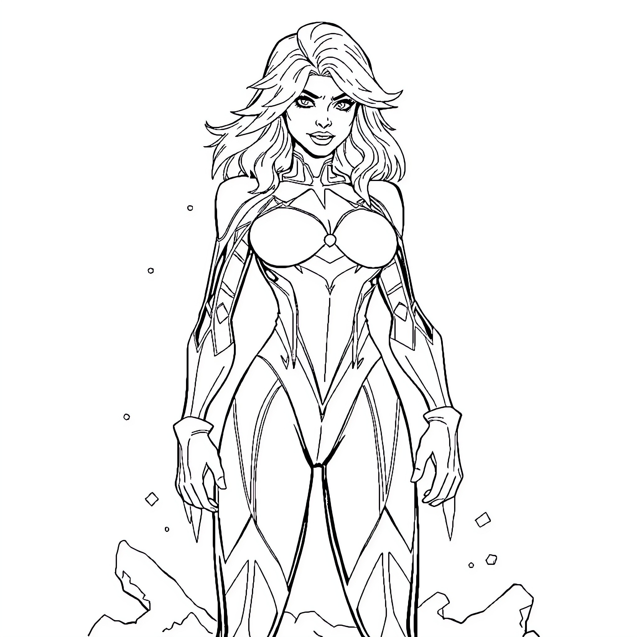 Killer Frost wielding icy powers in heroic pose Coloring Page (free black-and-white line drawing printable PDF for all, from beginners to advanced learners, including children, teens, adults, and seniors)