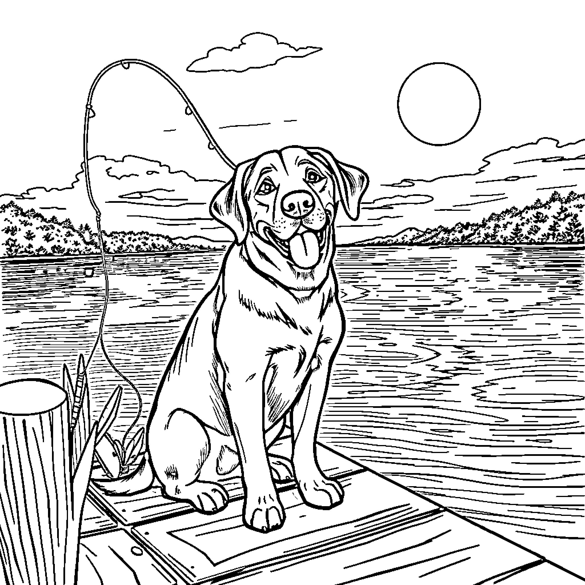 Labrador enjoying a fishing trip at the lake Coloring Page (free black-and-white line drawing printable PDF for all, from beginners to advanced learners, including children, teens, adults, and seniors)