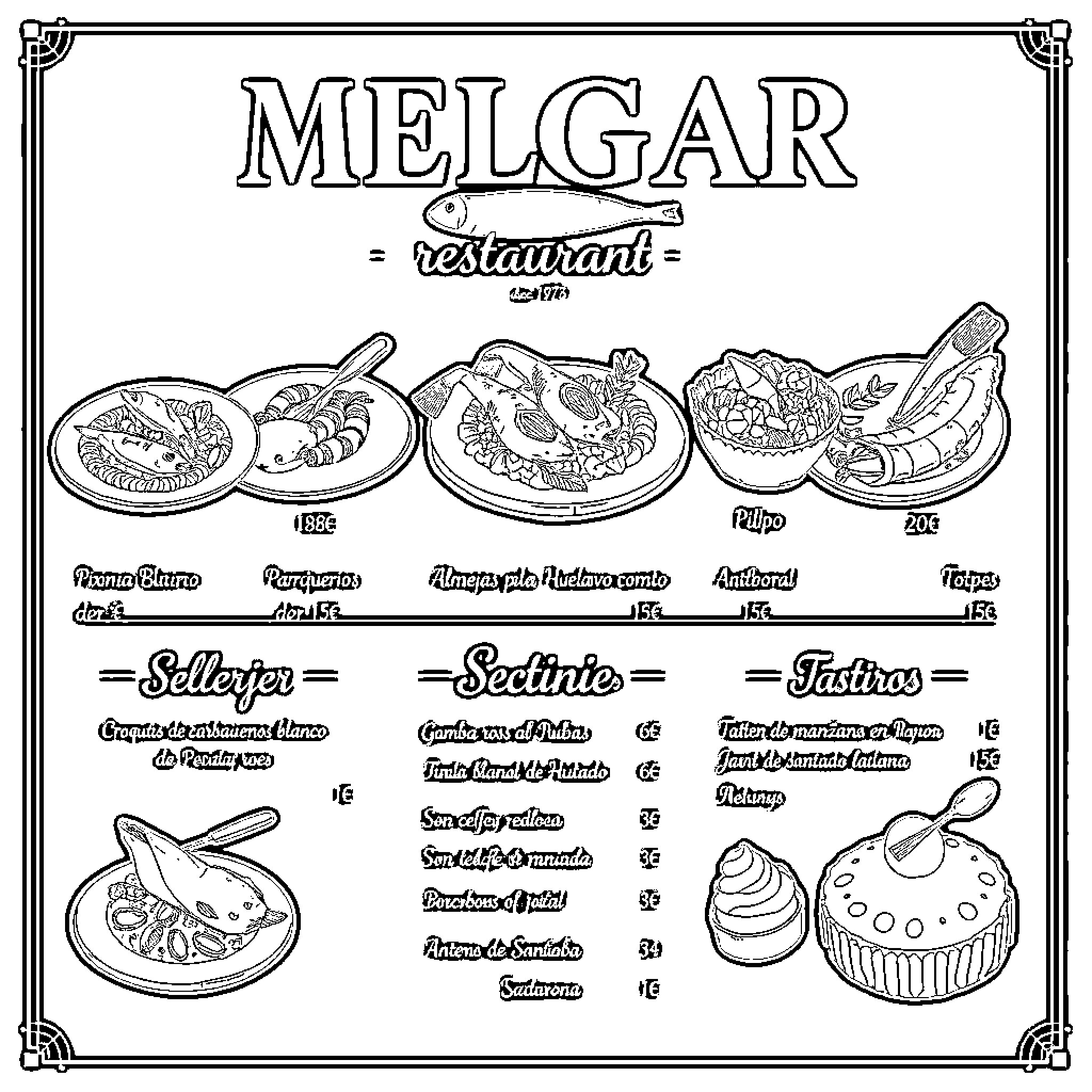 Crab-themed restaurant menu with dishes and prices Coloring Page (free black-and-white line drawing printable PDF for all, from beginners to advanced learners, including children, teens, adults, and seniors)