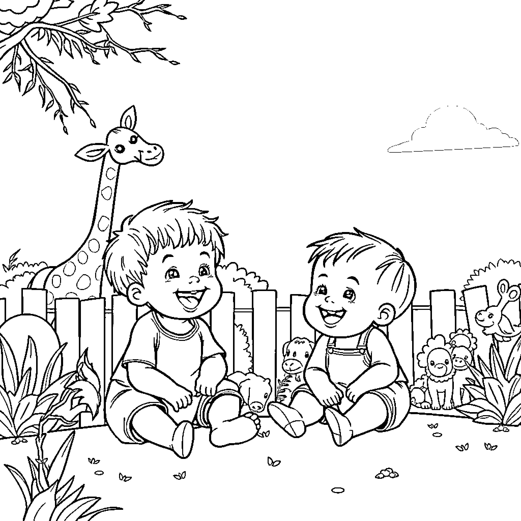 Baby friends playing joyfully in the park Coloring Page (free black-and-white line drawing printable PDF for all, from beginners to advanced learners, including children, teens, adults, and seniors)